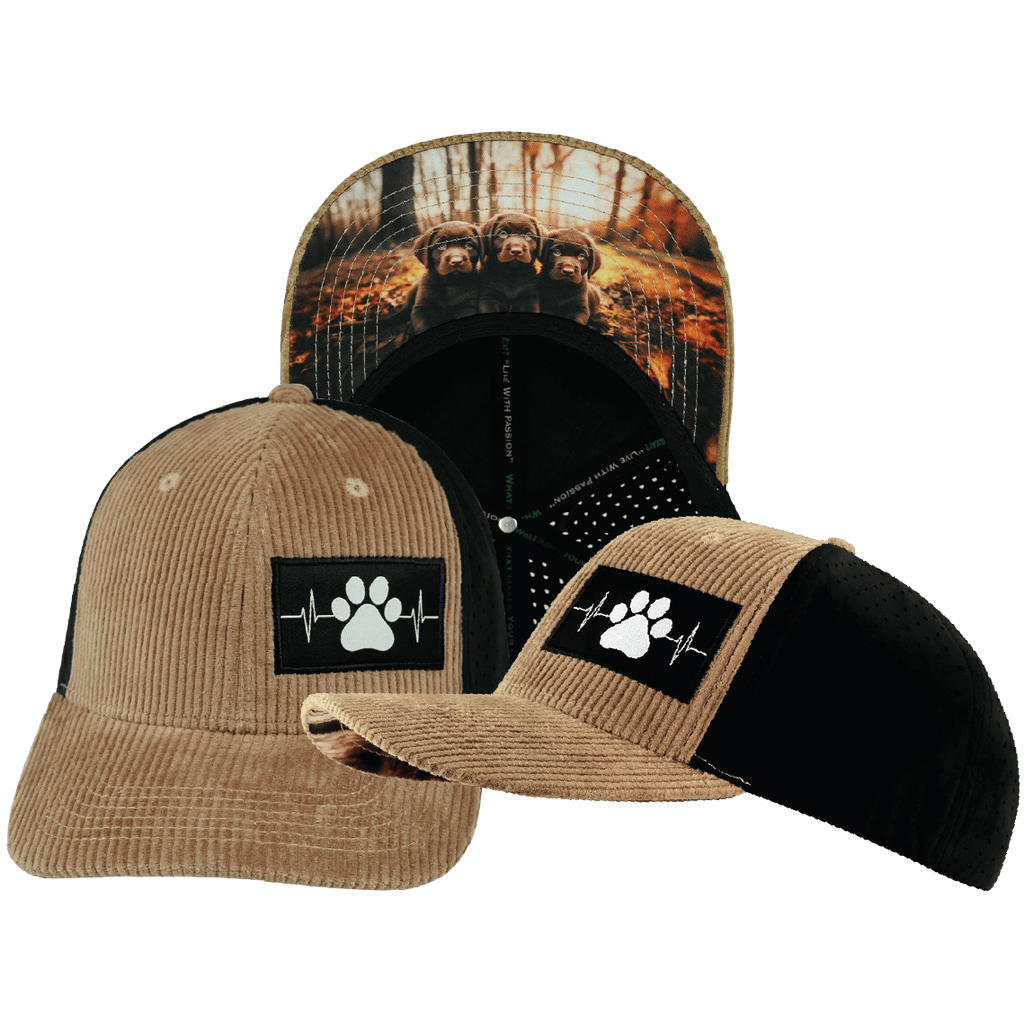 The Heartbeat Brand Dog Hat - Baseball Hat Fit - Corduroy - Tan / Black - Laser Mesh — main product shot