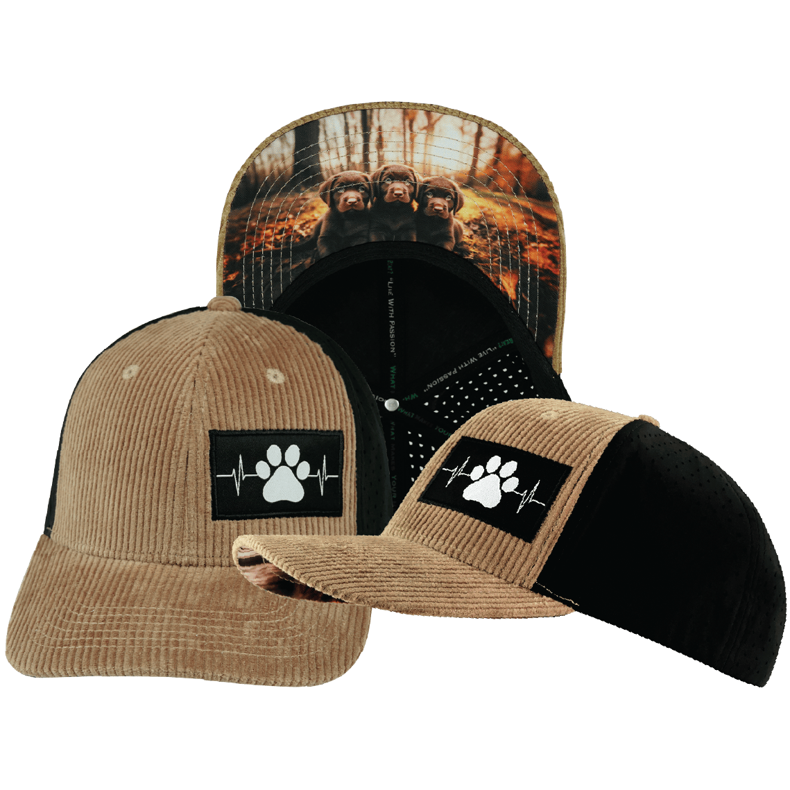 The Heartbeat Brand Dog Hat - Baseball Hat Fit - Corduroy - Tan / Black - Laser Mesh — main product shot