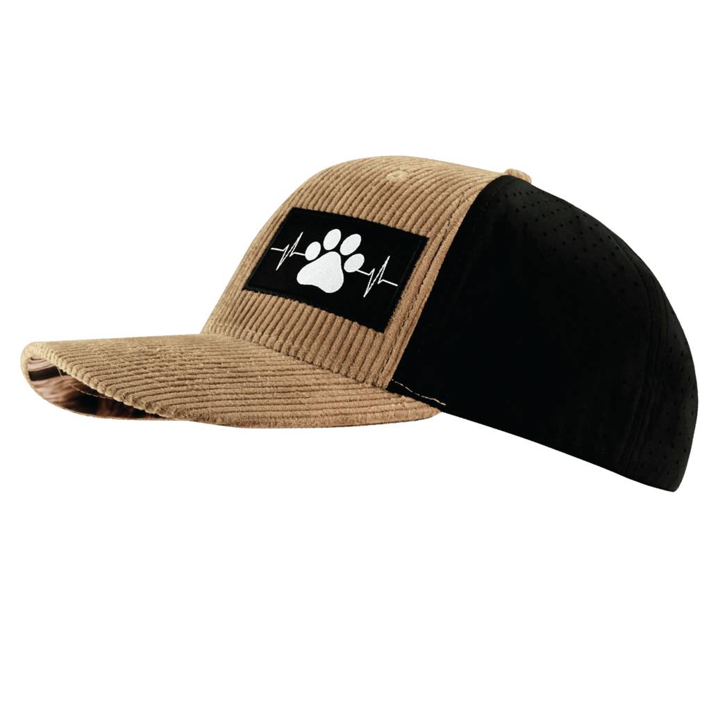 The Heartbeat Brand Dog Hat - Baseball Hat Fit - Corduroy - Tan / Black - Laser Mesh — side view
