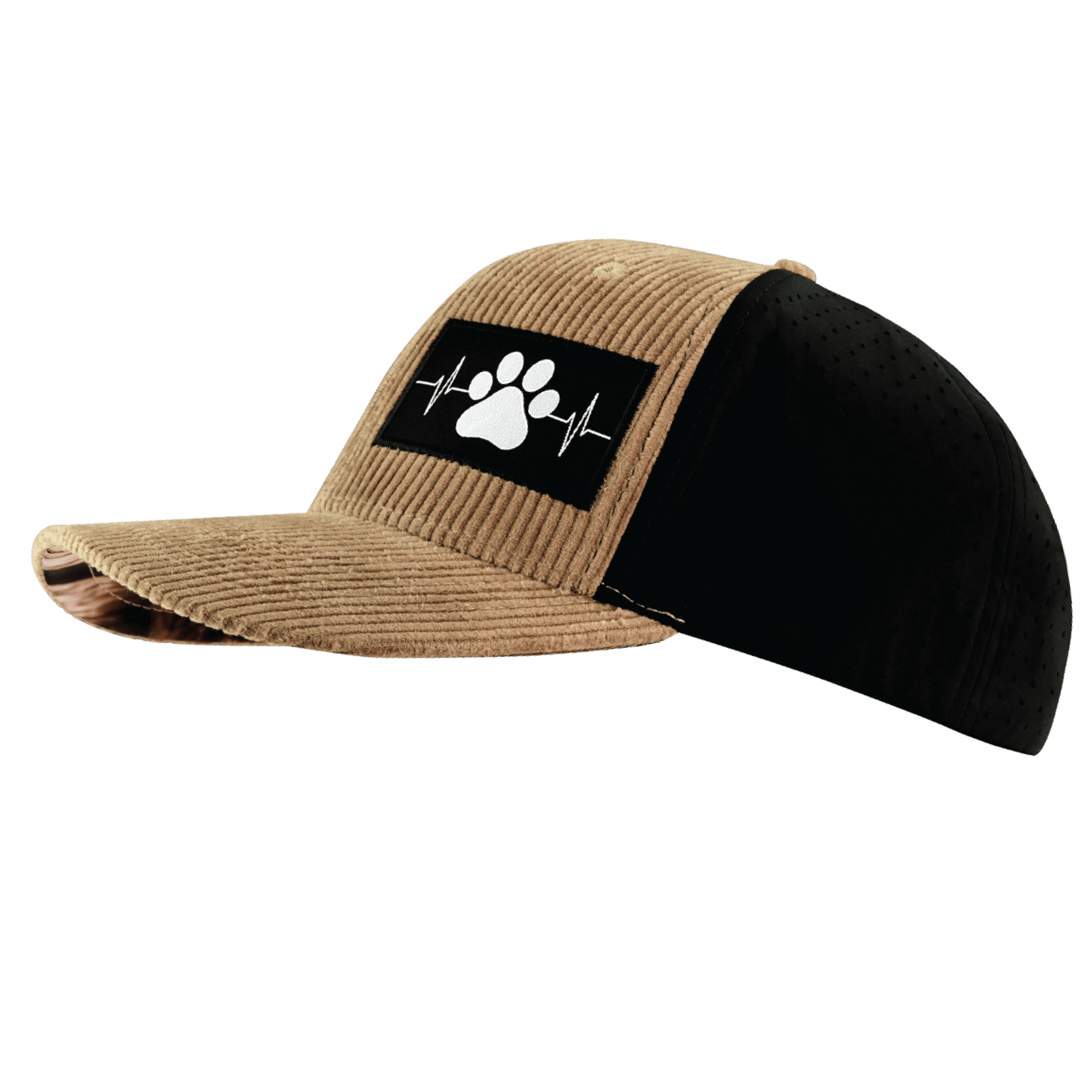The Heartbeat Brand Dog Hat - Baseball Hat Fit - Corduroy - Tan / Black - Laser Mesh — side view