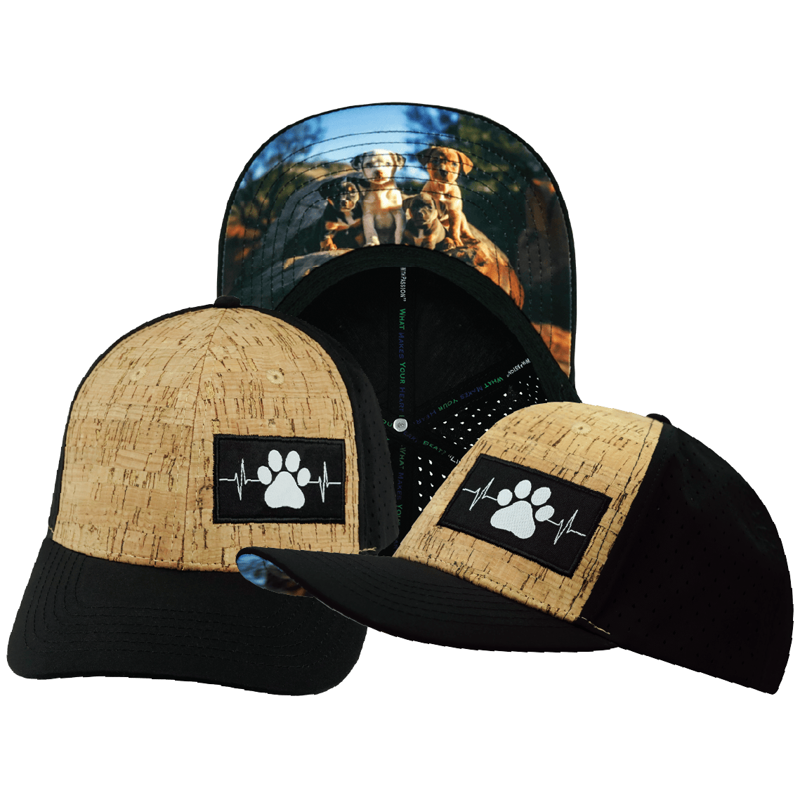The Heartbeat Brand Dog Hat - Baseball Hat Fit - Cork - Black - Laser Mesh — main product shot