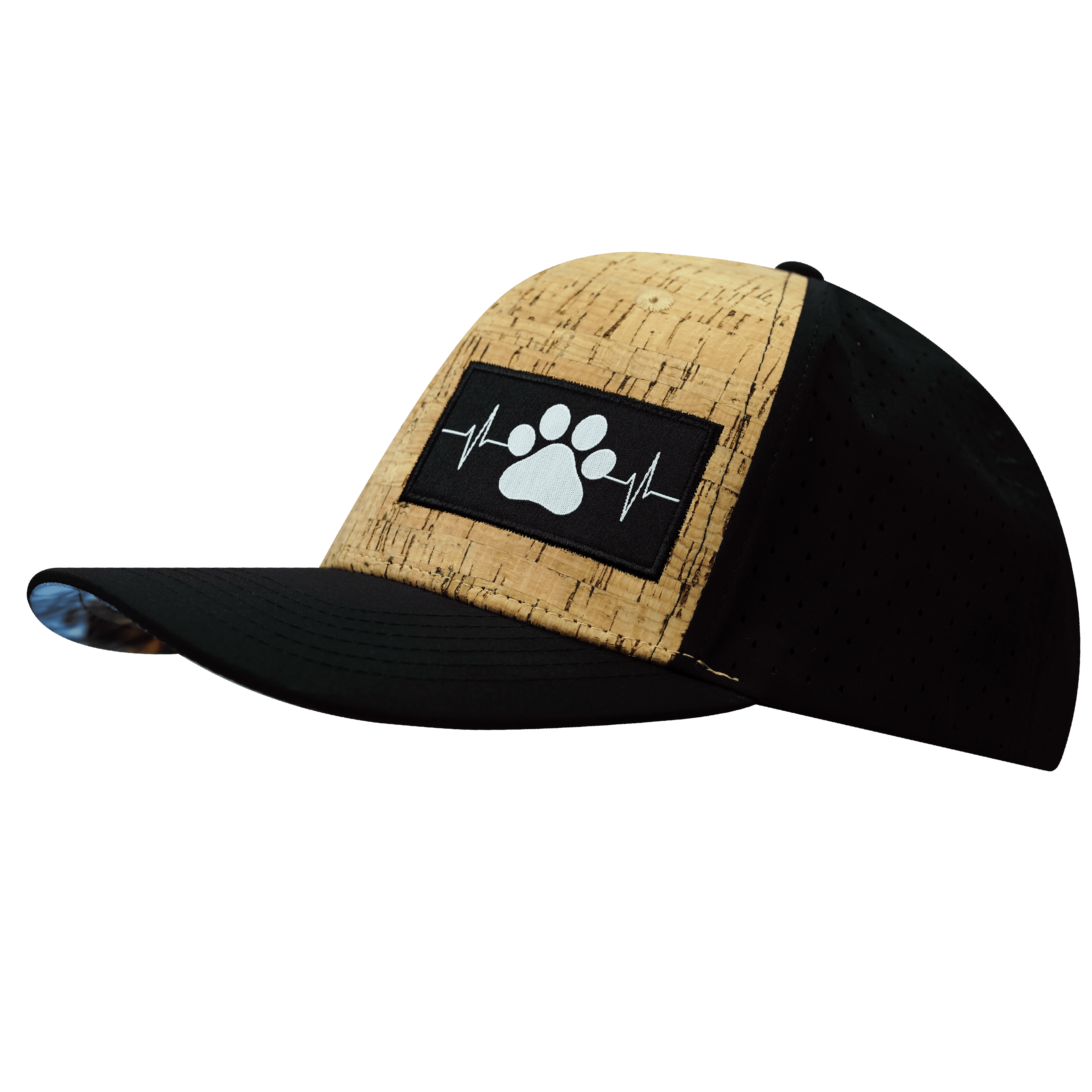 The Heartbeat Brand Dog Hat - Baseball Hat Fit - Cork - Black - Laser Mesh — side view