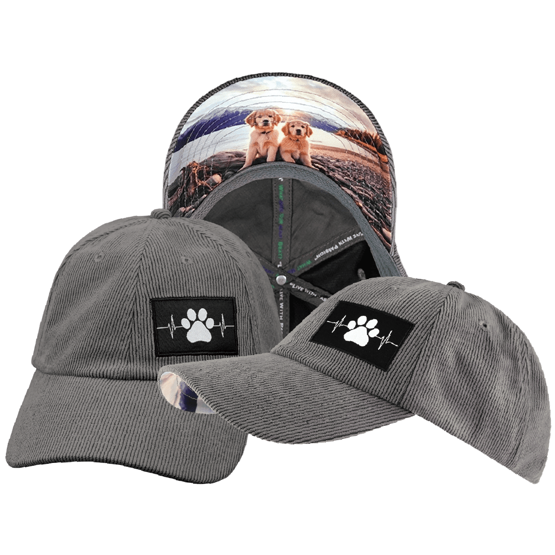 The Heartbeat Brand Dog Hat - Dad Hat - Corduroy - Charcoal - Fabric Back — main product shot