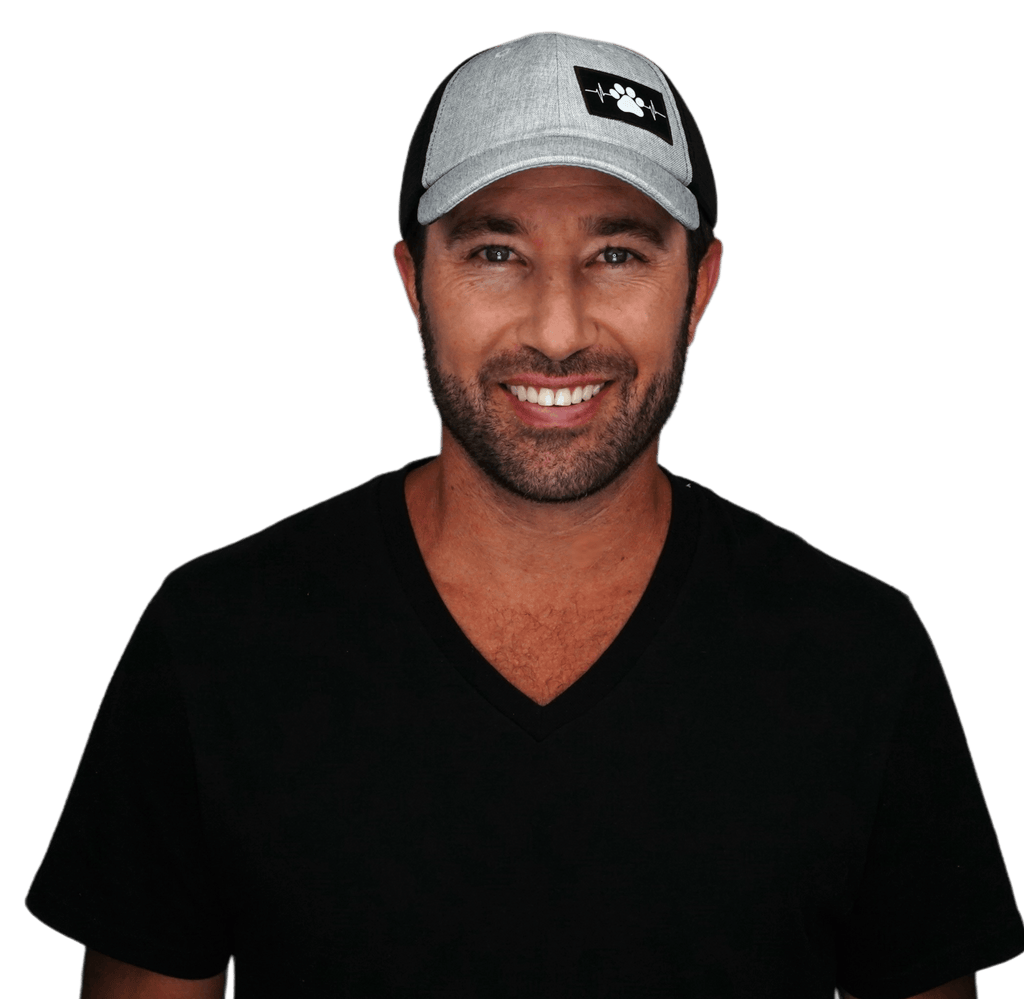 The Heartbeat Brand Dog Hat - Dad Hat - Heather Gray / Black - Soft Trucker Mesh — detail close-up