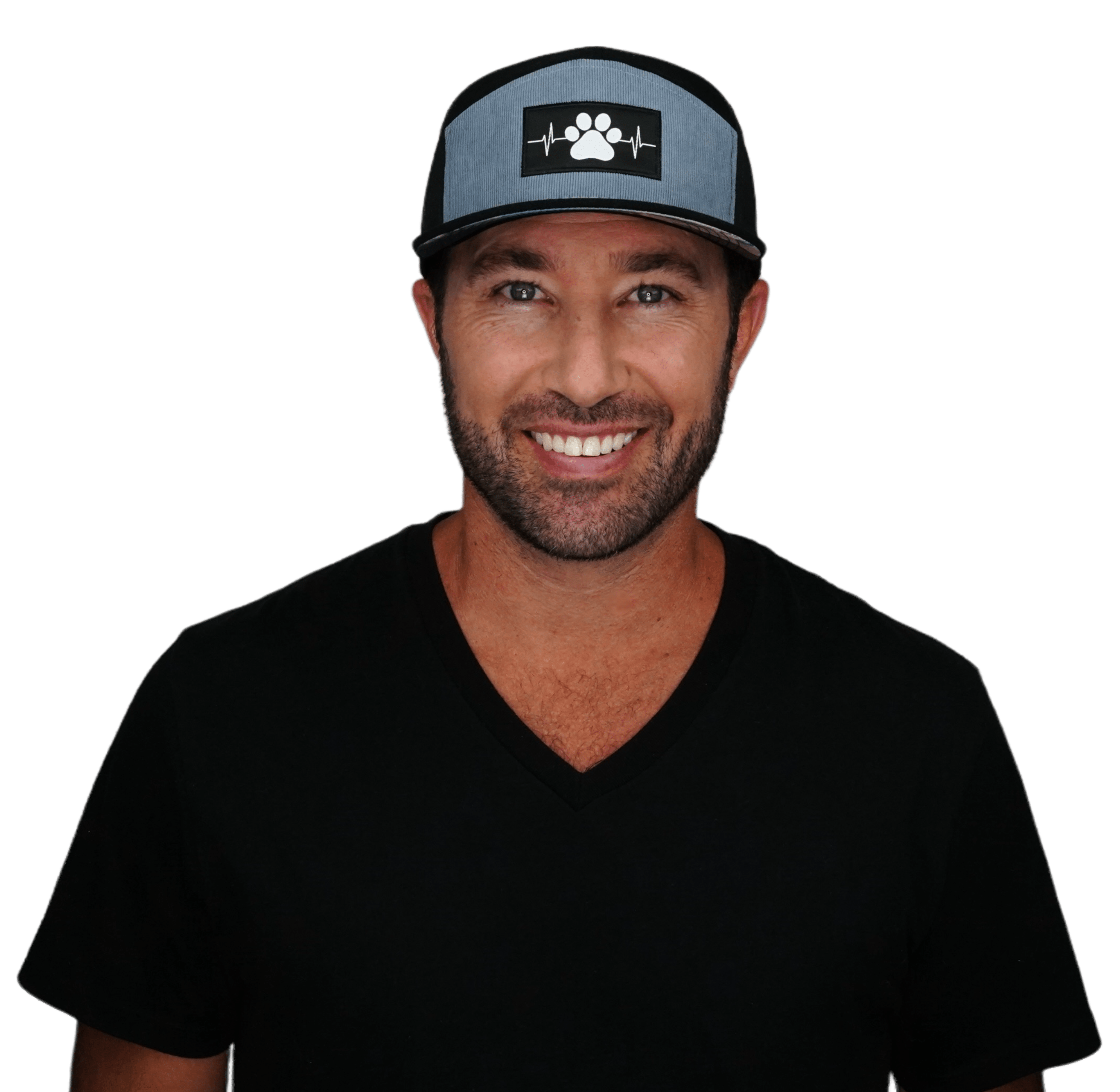 The Heartbeat Brand Dog Hat - Flat Bill - Corduroy - Black / Gray Blue - Laser Mesh — detail close-up