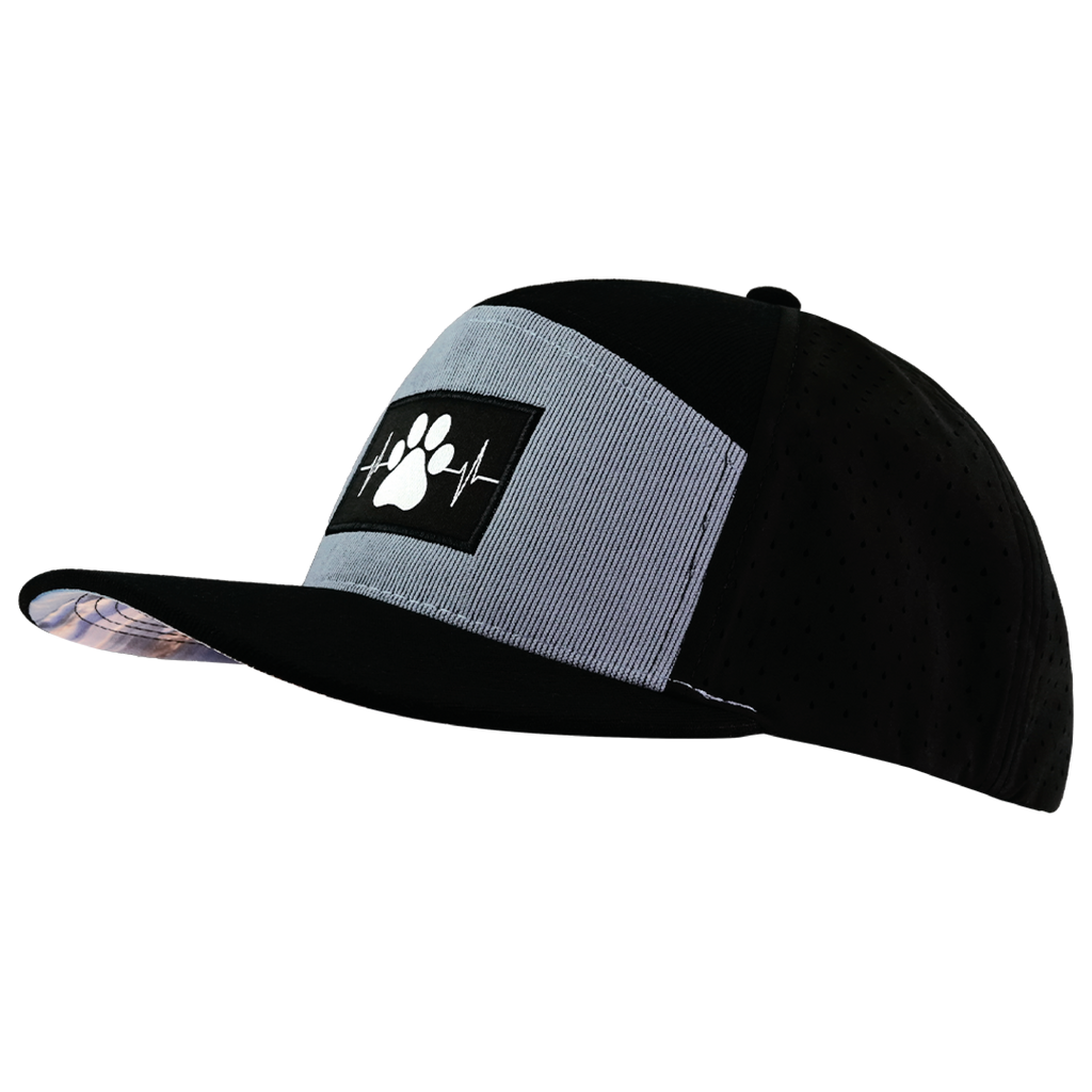 The Heartbeat Brand Dog Hat - Flat Bill - Corduroy - Black / Gray Blue - Laser Mesh — side view