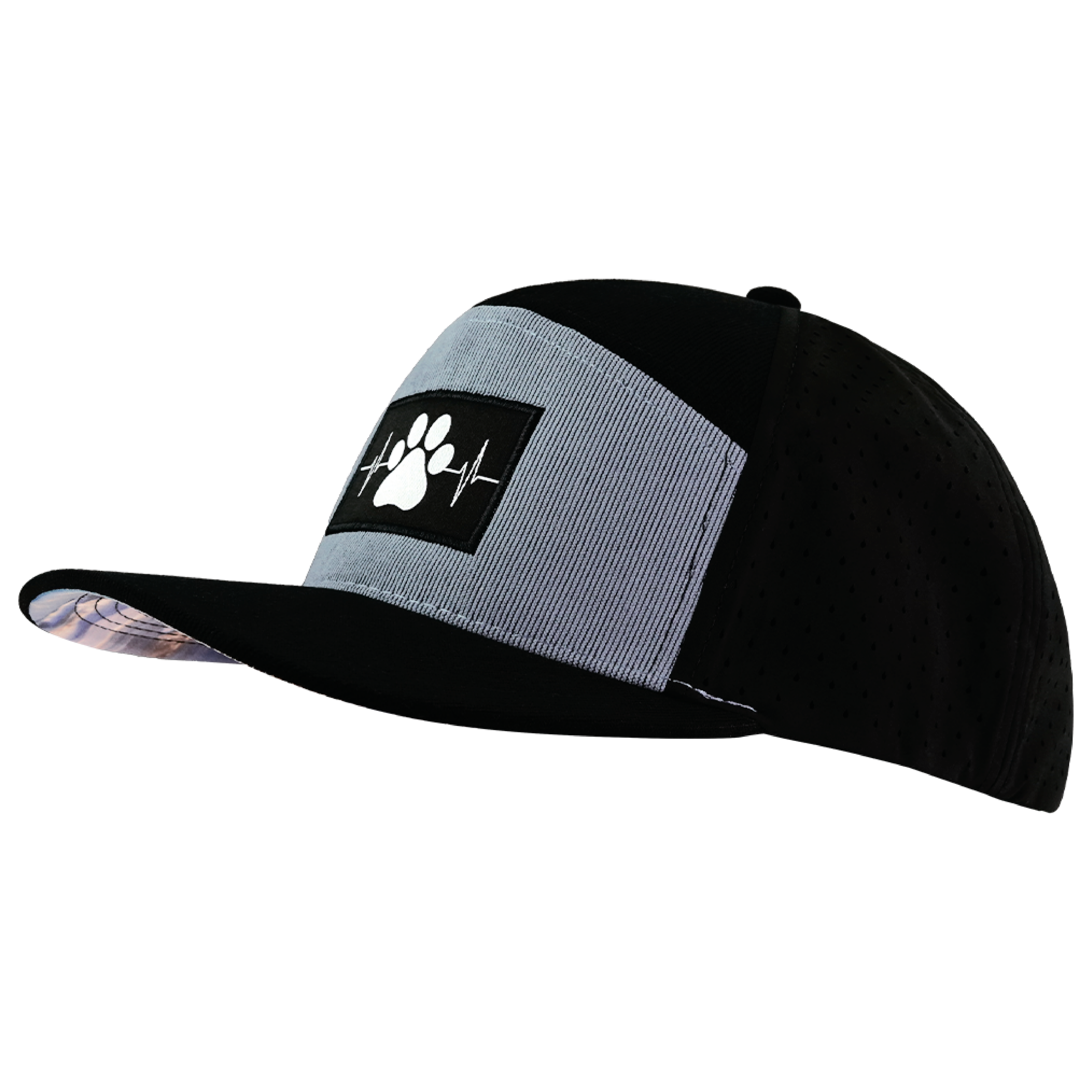 The Heartbeat Brand Dog Hat - Flat Bill - Corduroy - Black / Gray Blue - Laser Mesh — side view