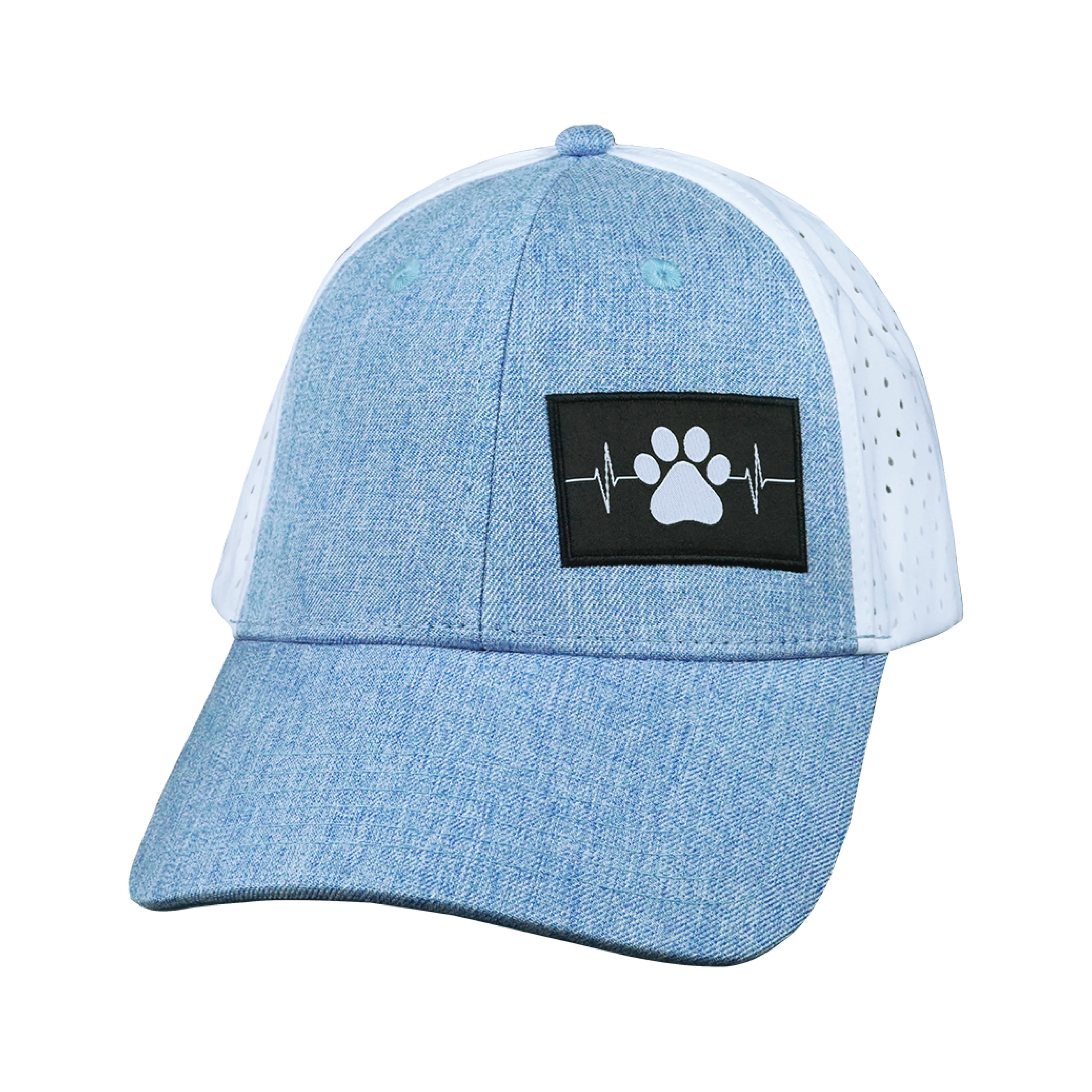 The Heartbeat Brand Dog Hat - Low Profile - Ponytail - Light Blue / White - Laser Mesh — side view