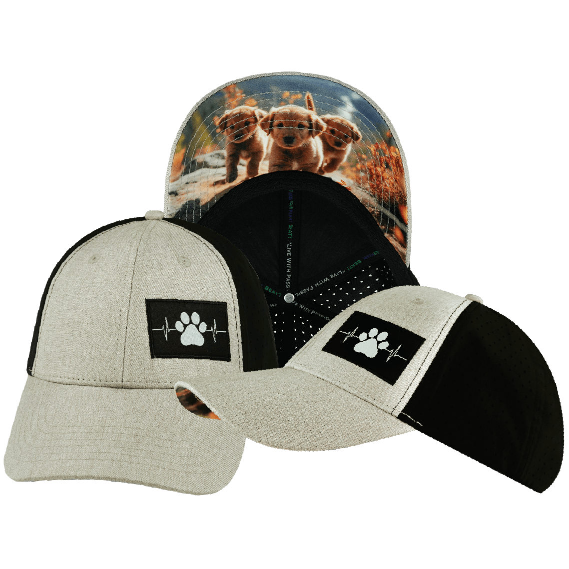 The Heartbeat Brand Dog Hat - Low Profile - Ponytail - Tan / Black - Laser Mesh — main product shot