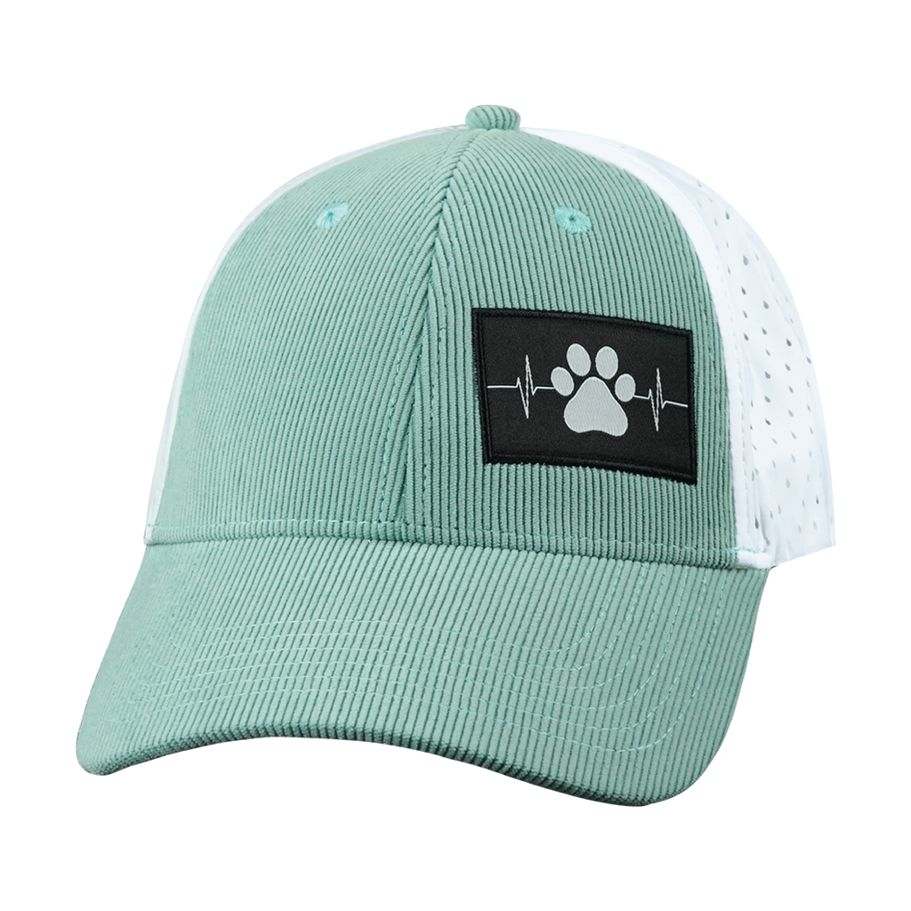 The Heartbeat Brand Dog Hat - Low Profile - Ponytail - Corduroy - Mint  - Laser Mesh — side view
