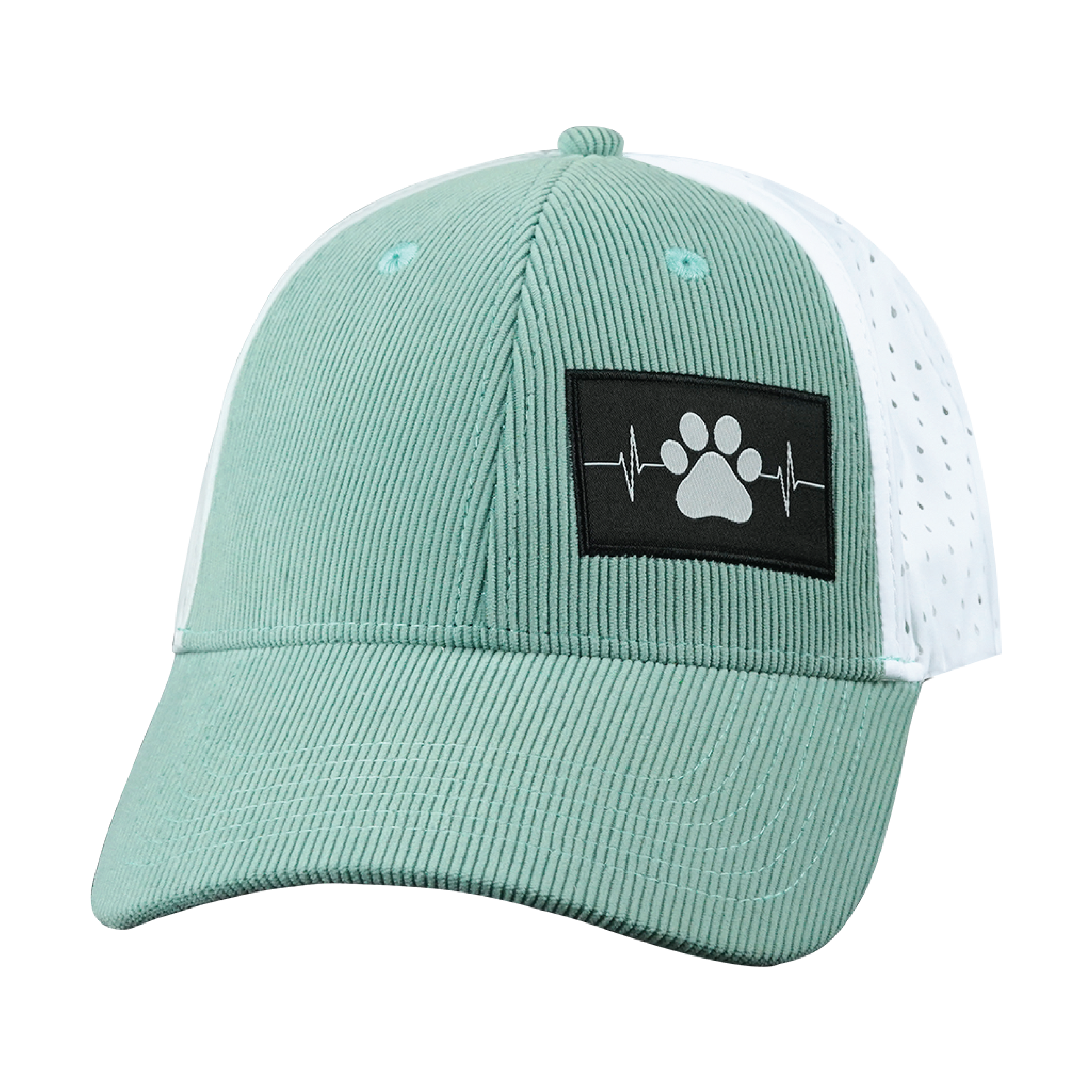 The Heartbeat Brand Dog Hat - Low Profile - Ponytail - Corduroy - Mint  - Laser Mesh — side view