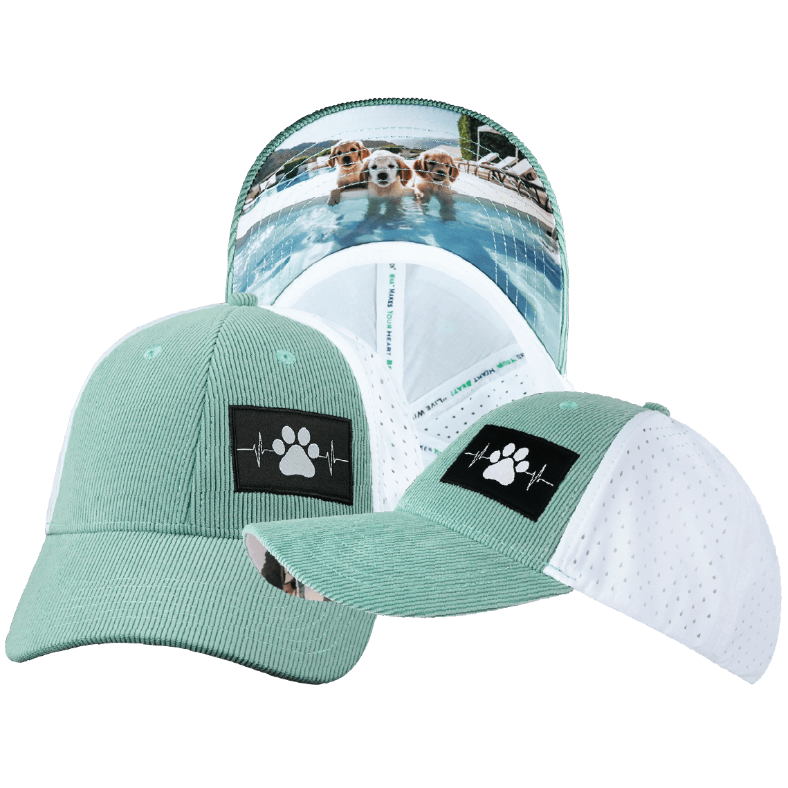 The Heartbeat Brand Dog Hat - Low Profile - Ponytail - Corduroy - Mint  - Laser Mesh — main product shot