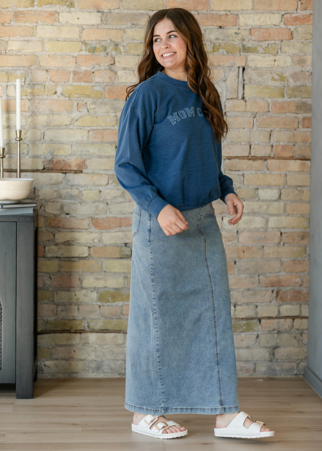 Inherit Co. Donna Classic Wash Maxi Denim Skirt — detail close-up