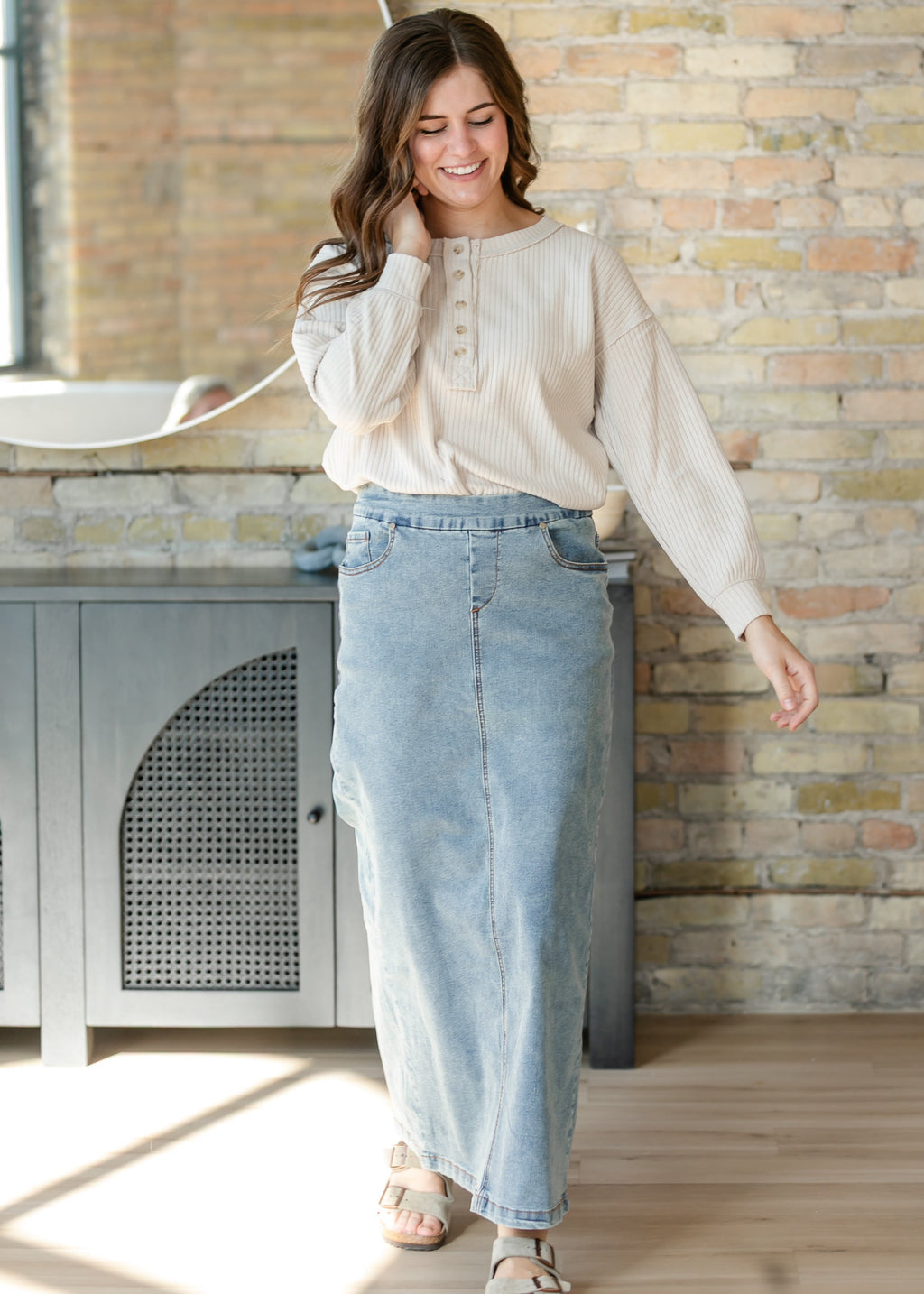 Inherit Co. Donna Classic Wash Maxi Denim Skirt — lifestyle context