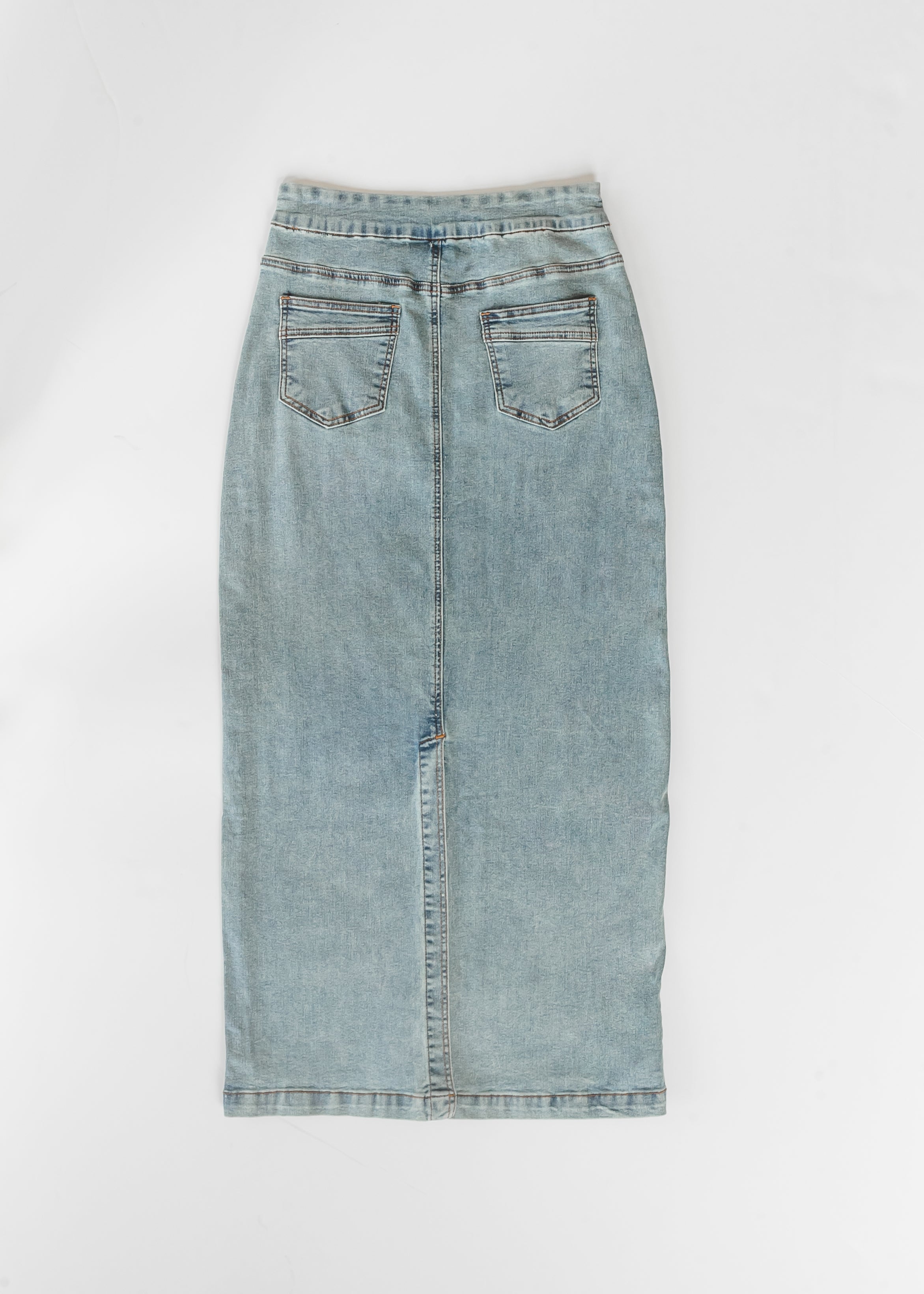 Inherit Co. Donna Classic Wash Maxi Denim Skirt — product on model