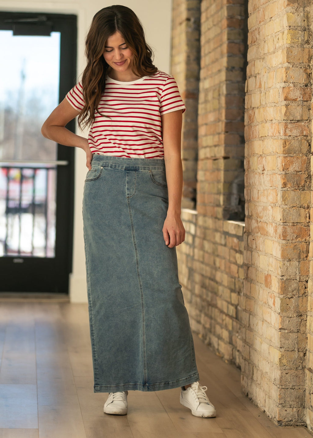 Inherit Co. Donna Classic Wash Maxi Denim Skirt — comparison shot