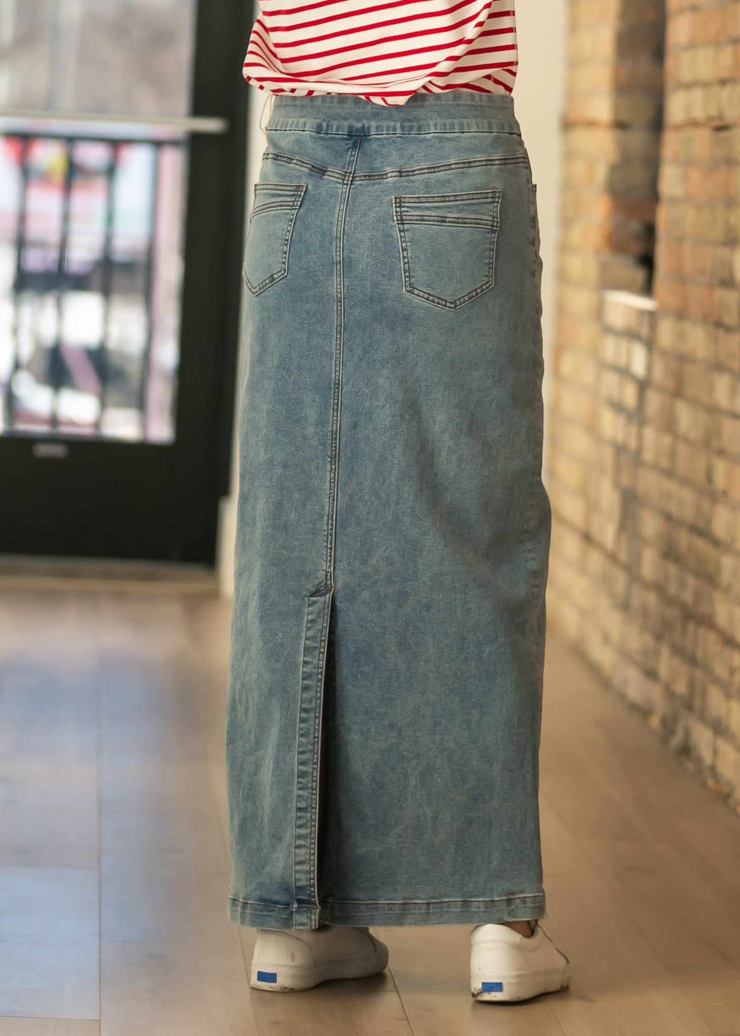 Inherit Co. Donna Classic Wash Maxi Denim Skirt — size reference