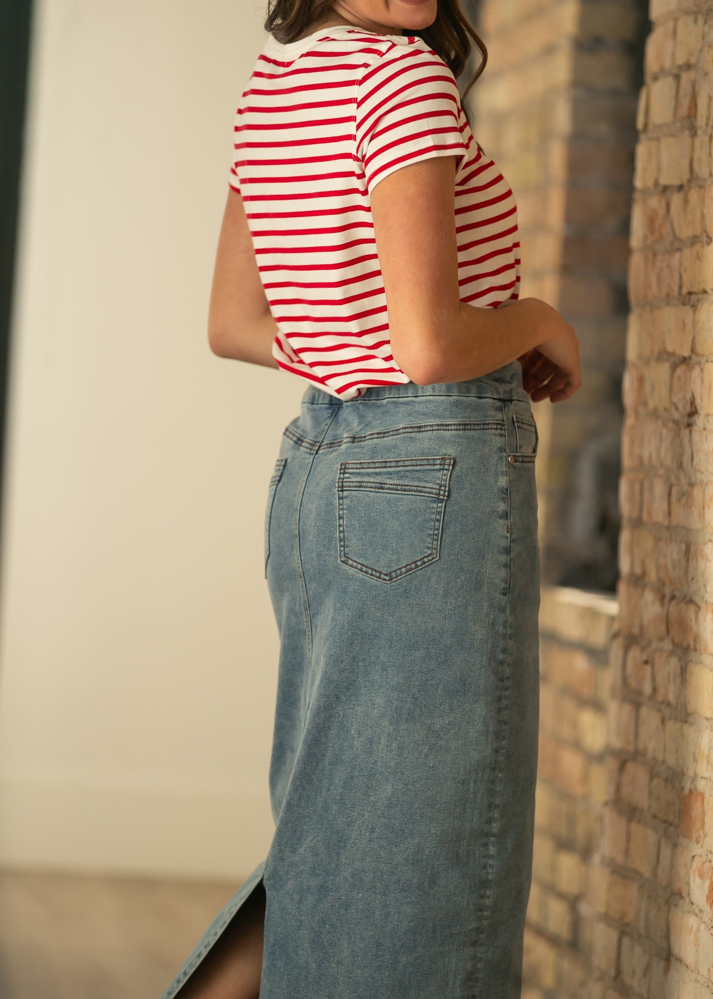 Inherit Co. Donna Classic Wash Maxi Denim Skirt — color detail