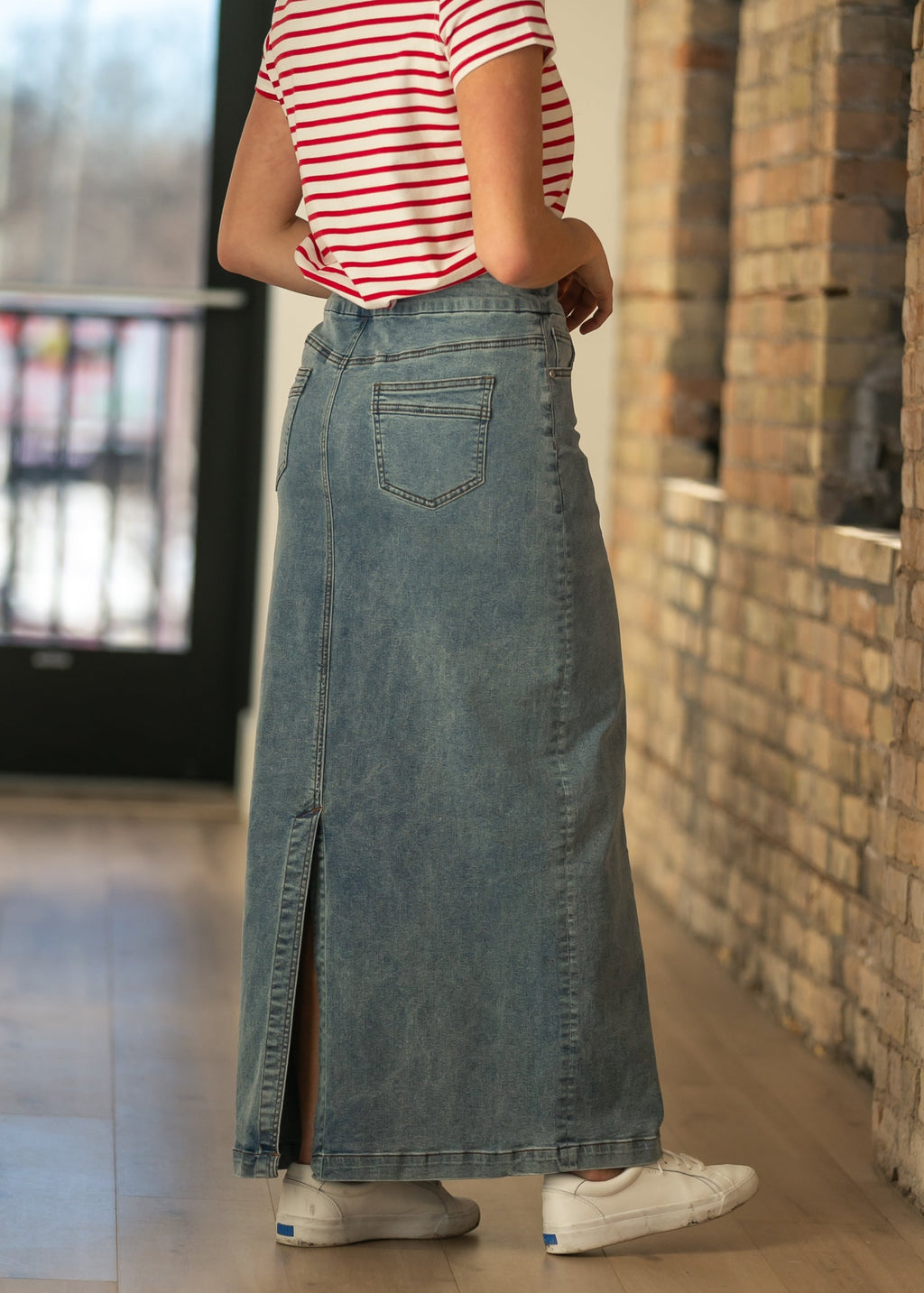 Inherit Co. Donna Classic Wash Maxi Denim Skirt — in-use photo