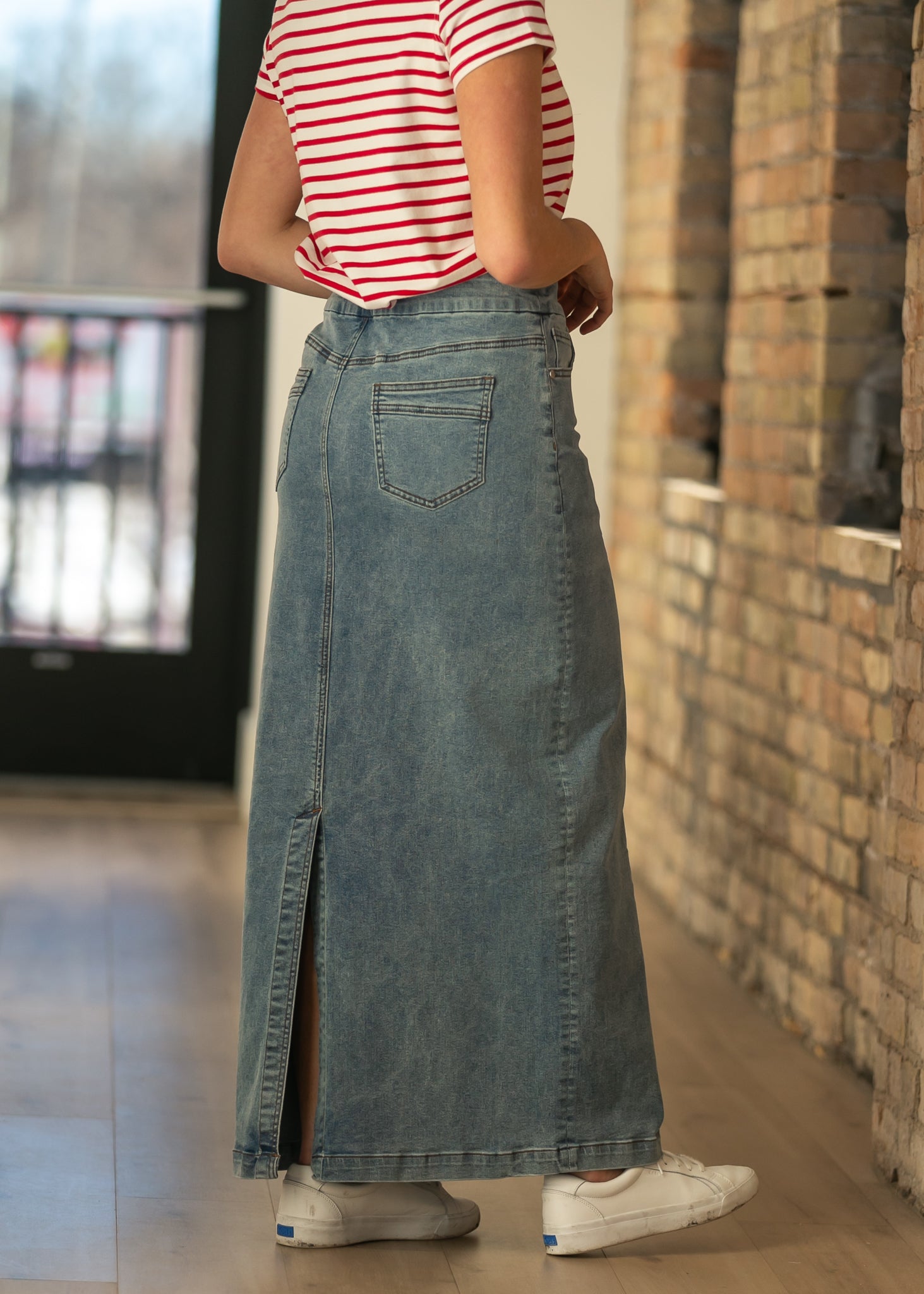 Inherit Co. Donna Classic Wash Maxi Denim Skirt — in-use photo