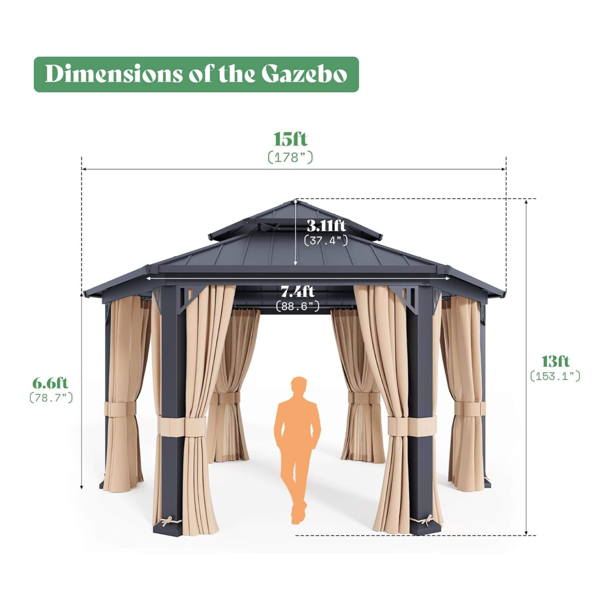 [13X15FT] Alora Double-Tier Hexagonal Metal Hardtop Patio Gazebo With Curtains (SAK84137) – SAKSBY WHOLESALE, view 10