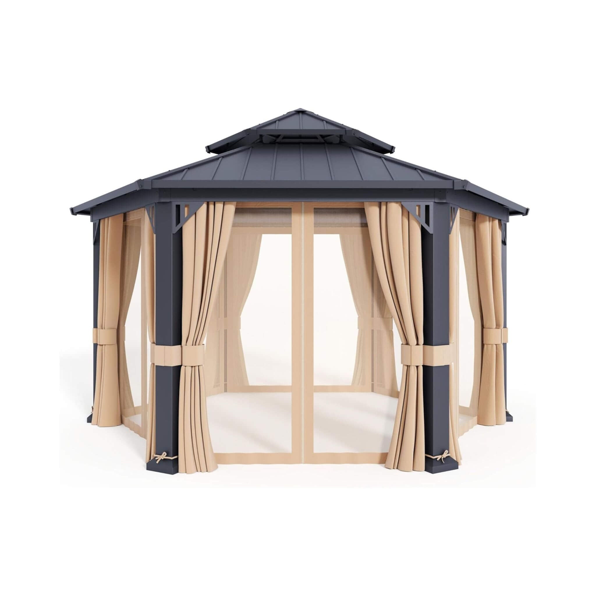 [13X15FT] Alora Double-Tier Hexagonal Metal Hardtop Patio Gazebo With Curtains (SAK84137) – SAKSBY WHOLESALE, view 3