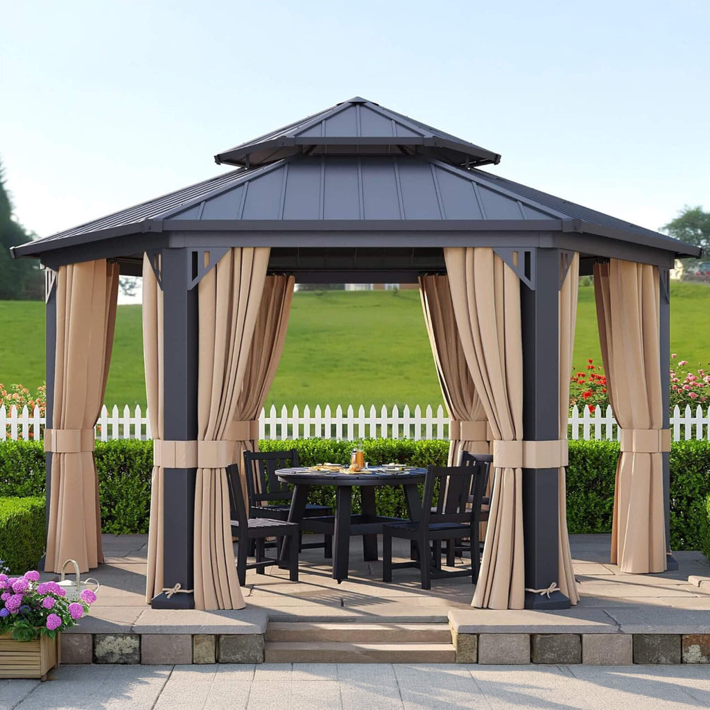[13X15FT] Alora Double-Tier Hexagonal Metal Hardtop Patio Gazebo With Curtains (SAK84137) – SAKSBY WHOLESALE