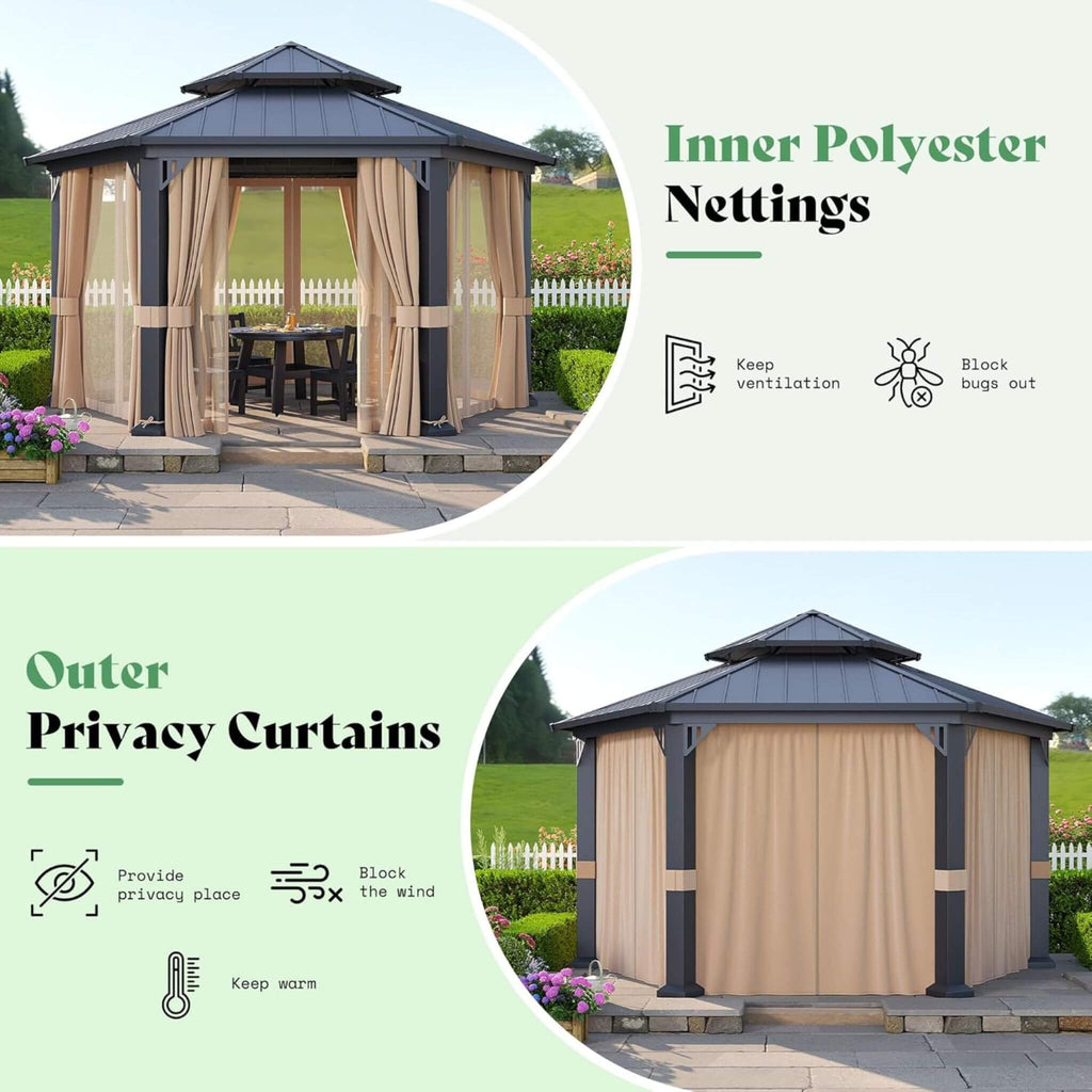 [13X15FT] Alora Double-Tier Hexagonal Metal Hardtop Patio Gazebo With Curtains (SAK84137) – SAKSBY WHOLESALE, view 6