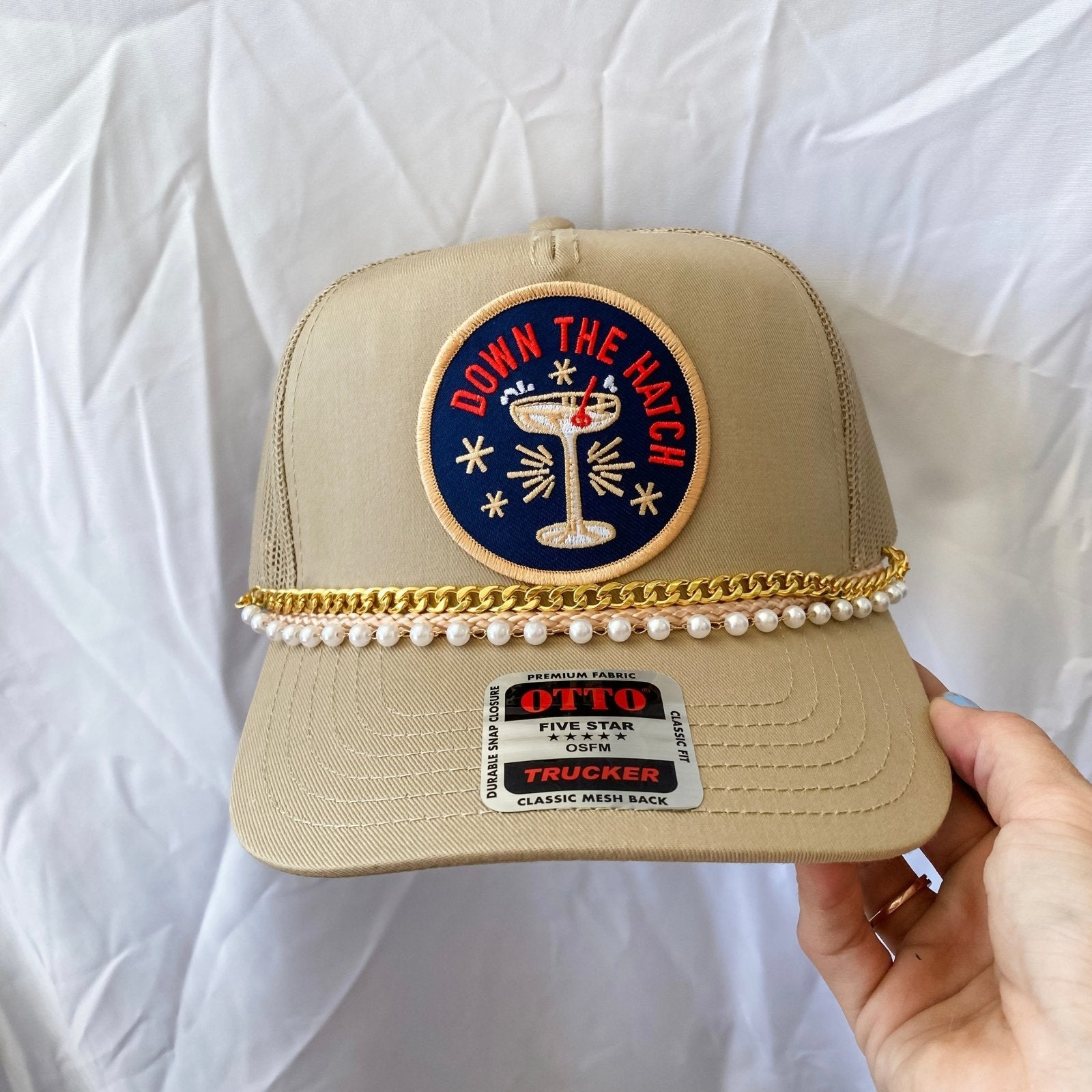 Coco & Rho Down The Hatch Khaki- Trucker Hat — detail close-up