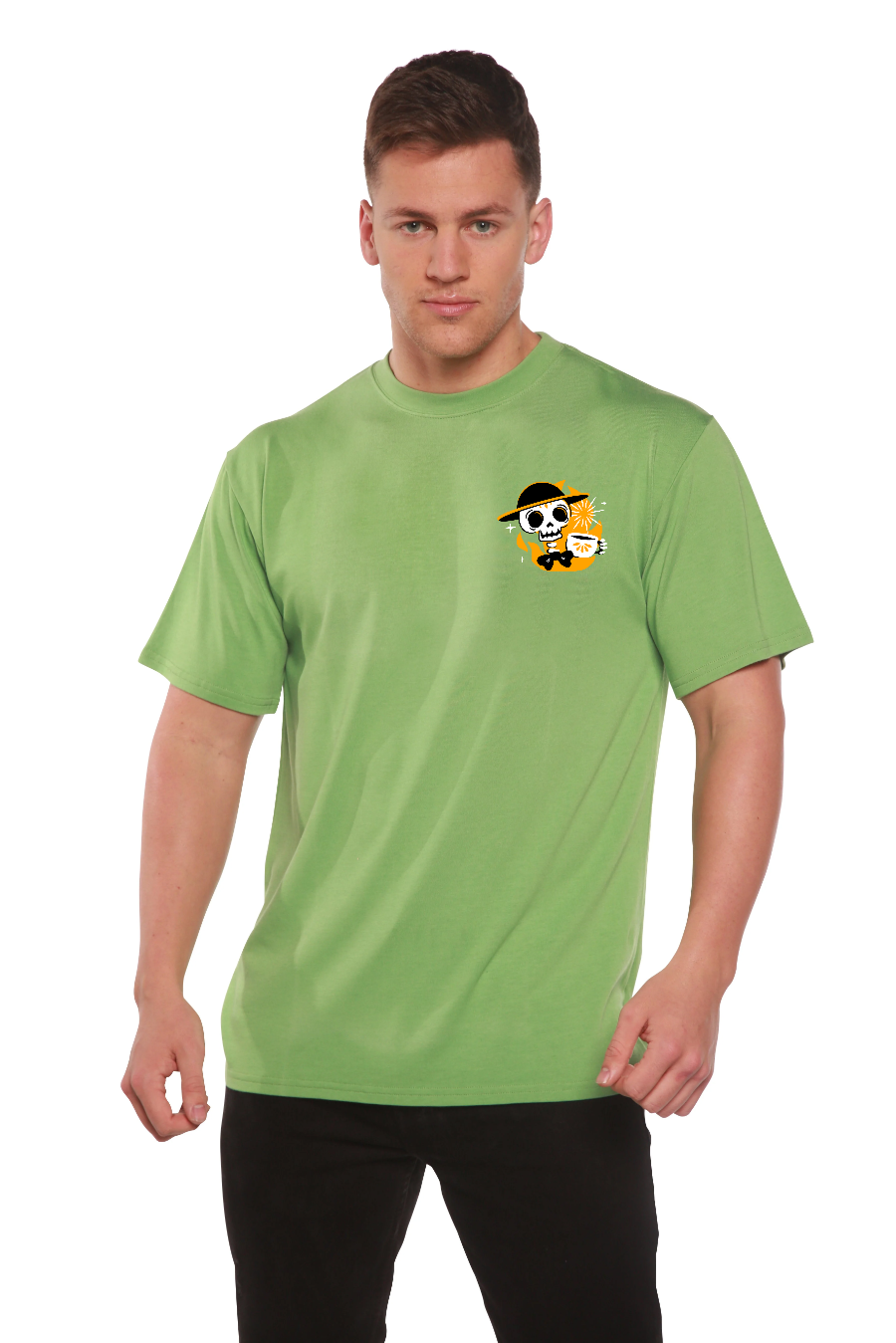 Spun Bamboo Skull with Coffee Bamboo Viscose/Organic Cotton Short Sleeve Printed T-Shirt — lifestyle context