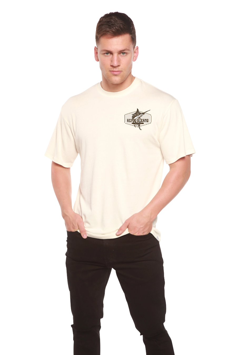 Spun Bamboo Rei do Oceano Men's Bamboo Short Sleeve Graphic T-Shirt — detail close-up