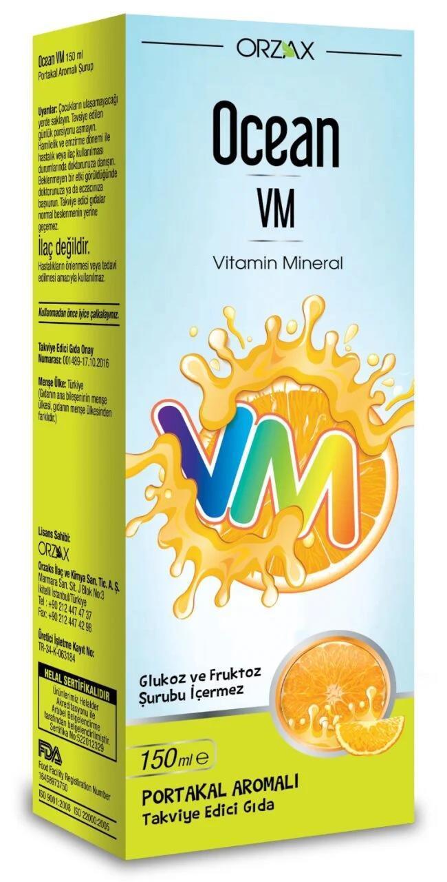 Ocean VM Vitamin Mineral Syrup for Adults and Children - Orange Flavored Dietary Supplement 150ml