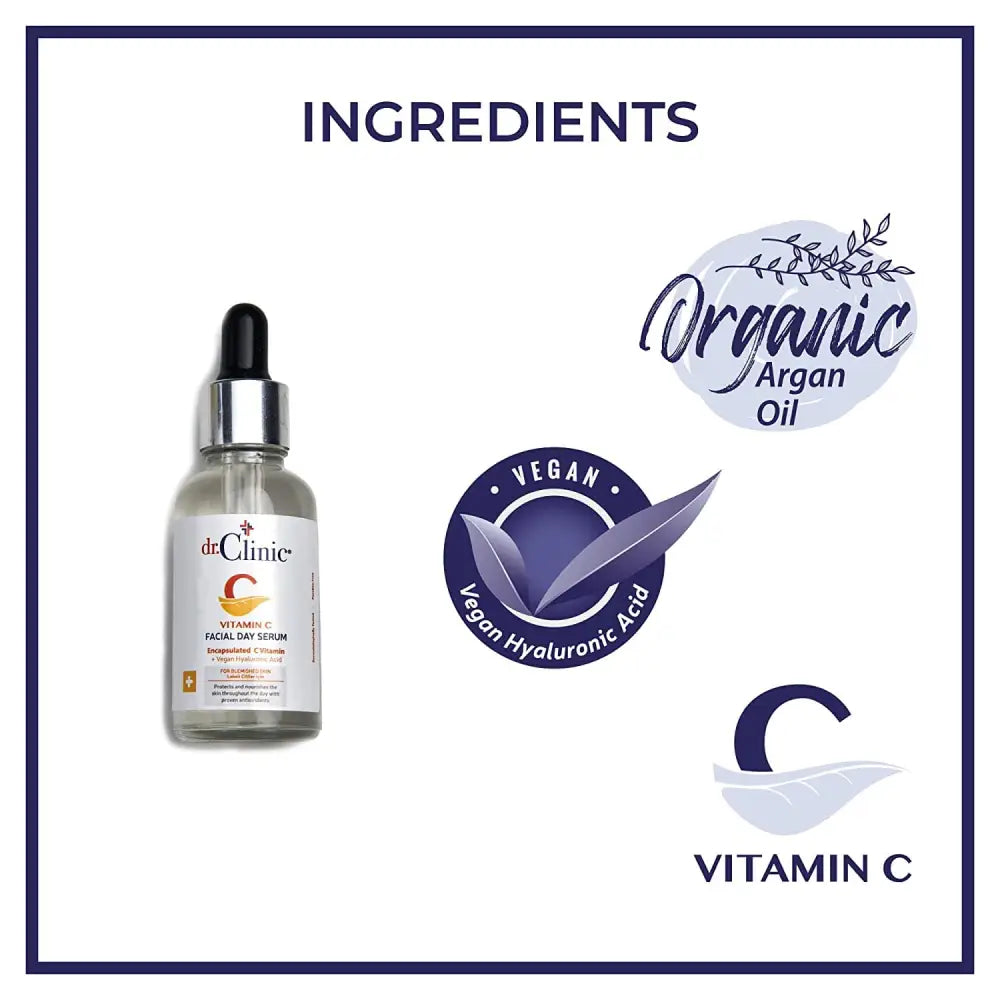 Dr.Clinic Vitamin C Facial Day Serum | Anti Aging, Fine Lines, Eye Wrinkle Skin Repair with Hyaluronic Acid | Moisturizer and Pore Cleanser | Protects from Acne Scars, Sun Damage, 1.01 fl.Oz.