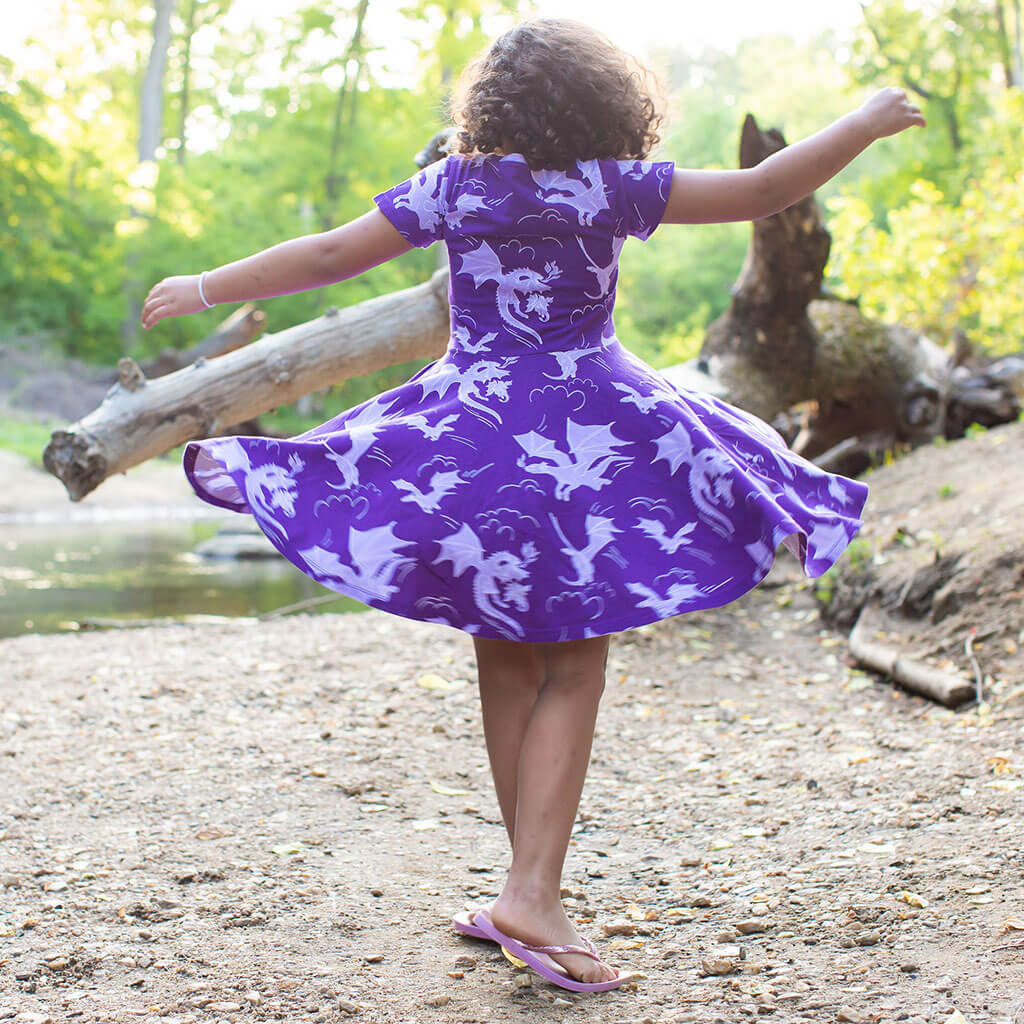 Princess Awesome & Boy Wonder "Purple Reign" Dragons Short Sleeve Super Twirler Play Dress with Pockets — dresses category context