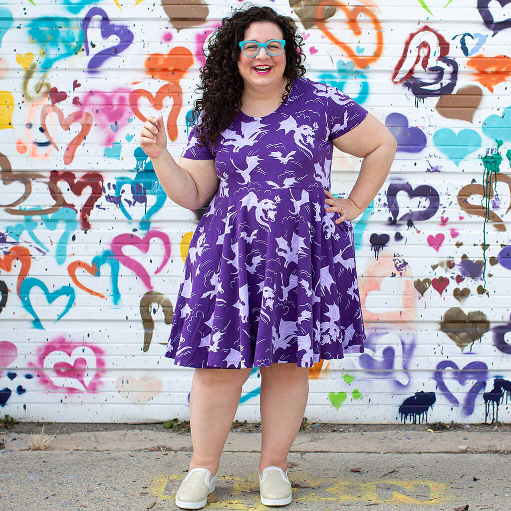 Princess Awesome & Boy Wonder Adult "Purple Reign" Dragons Short Sleeve Super Twirler Dress with Pockets — Purple detail