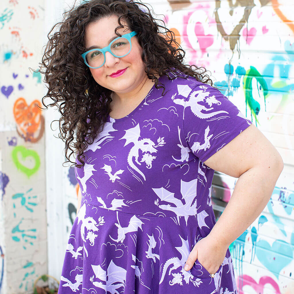 Princess Awesome & Boy Wonder Adult "Purple Reign" Dragons Short Sleeve Super Twirler Dress with Pockets — detail shot 6