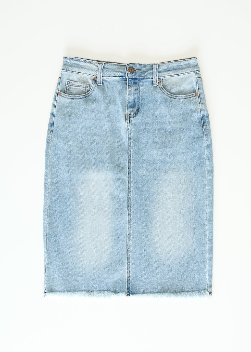 Inherit Co. Drew Raw Hem Midi Denim Skirt — product on model