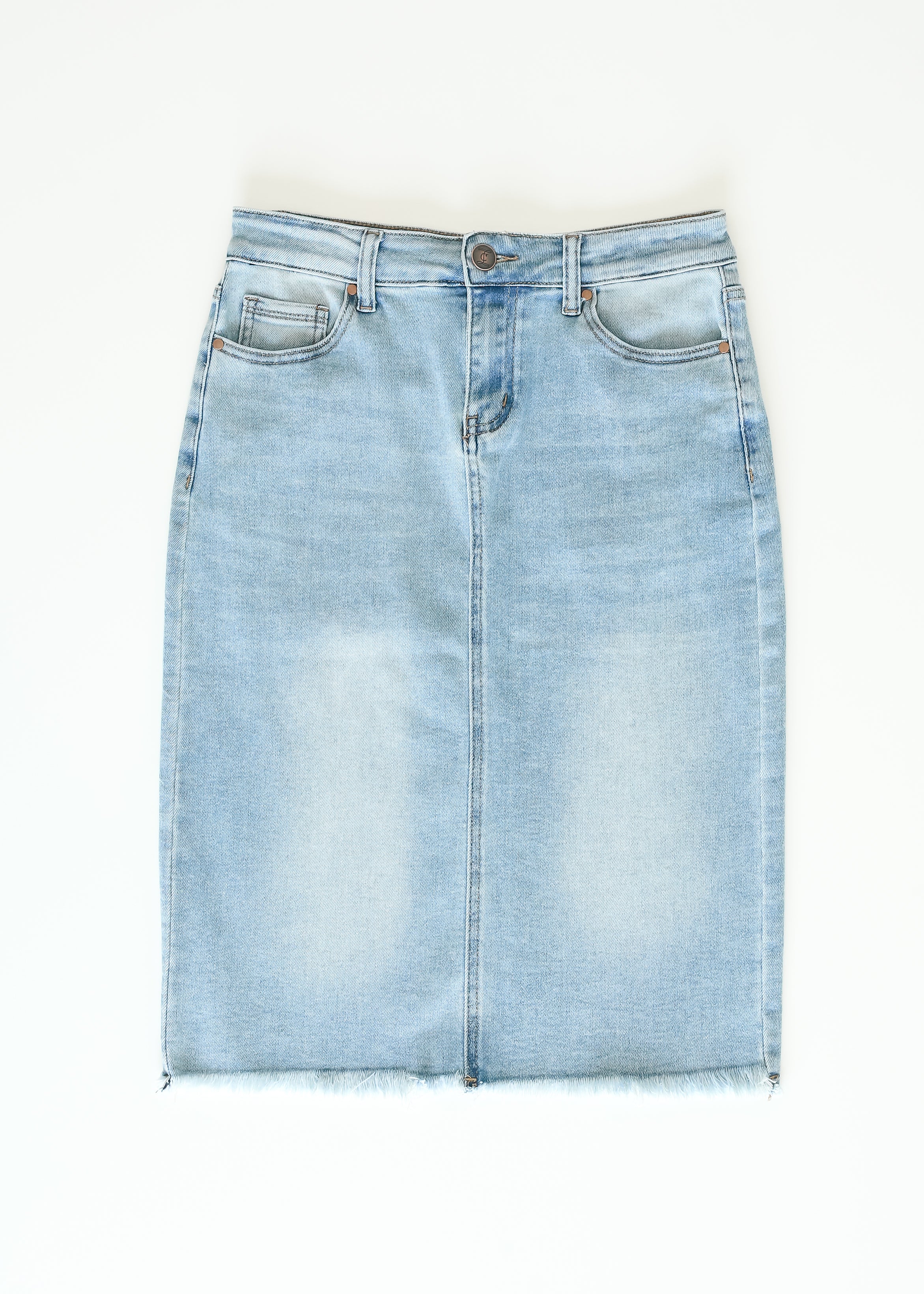 Inherit Co. Drew Raw Hem Midi Denim Skirt — product on model