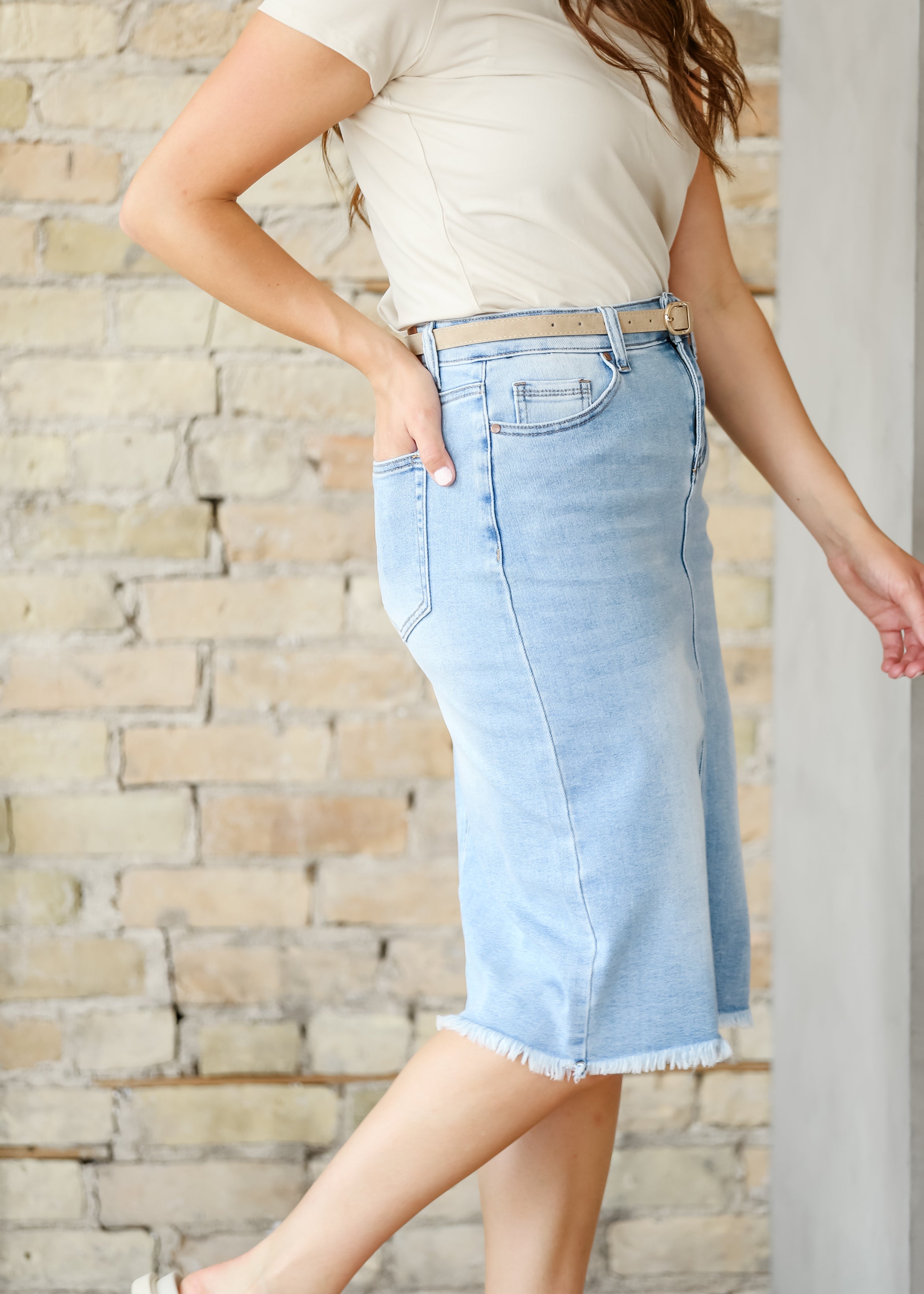 Inherit Co. Drew Raw Hem Midi Denim Skirt — alternative angle