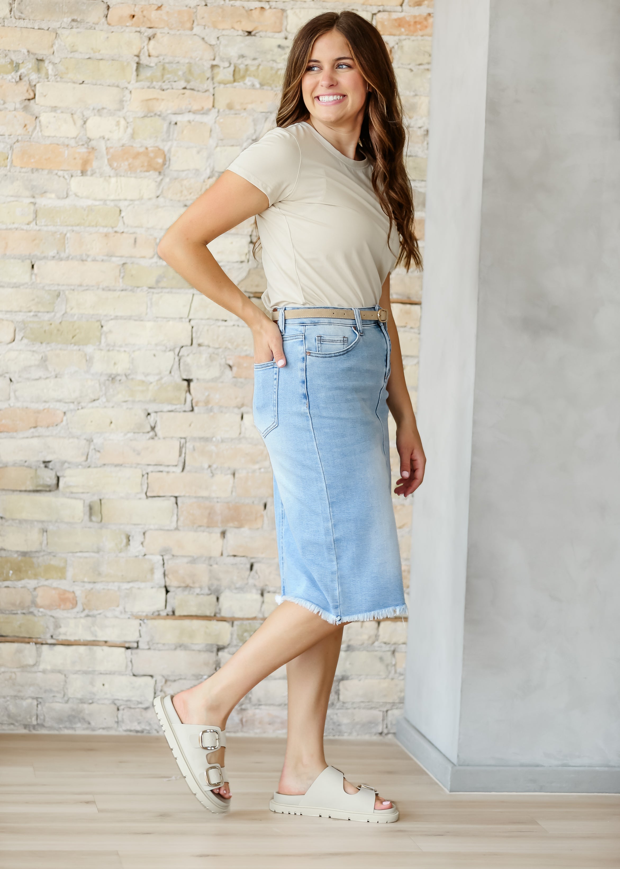 Inherit Co. Drew Raw Hem Midi Denim Skirt — color detail