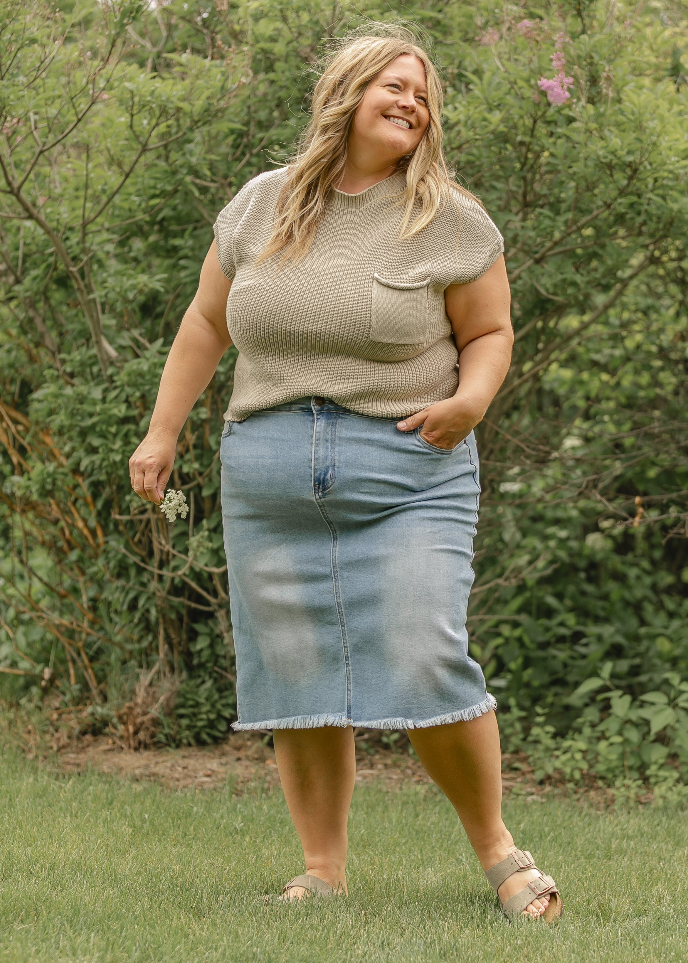 Inherit Co. Drew Raw Hem Midi Denim Skirt — detail close-up