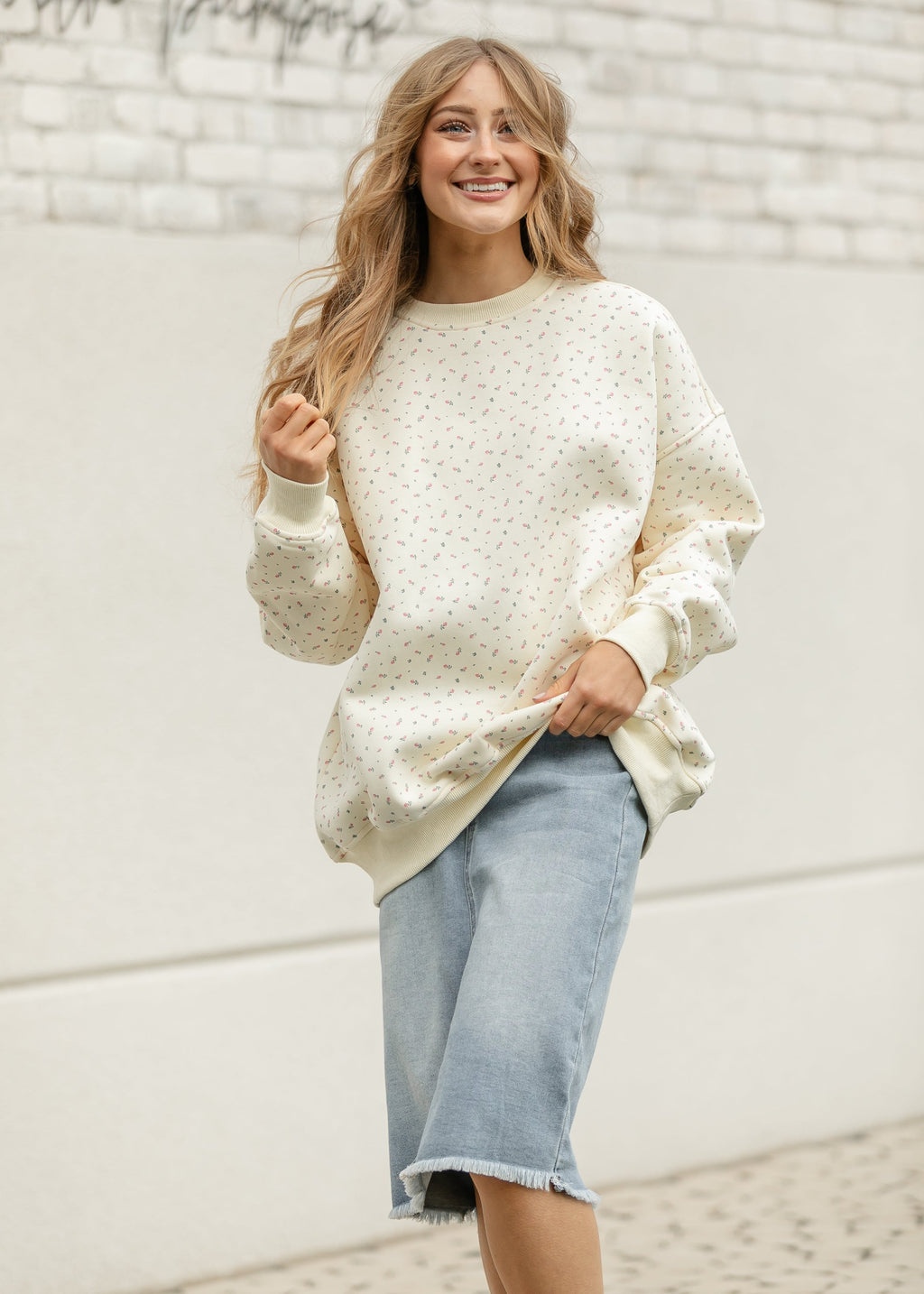 Inherit Co. Drew Raw Hem Midi Denim Skirt — fabric or material detail