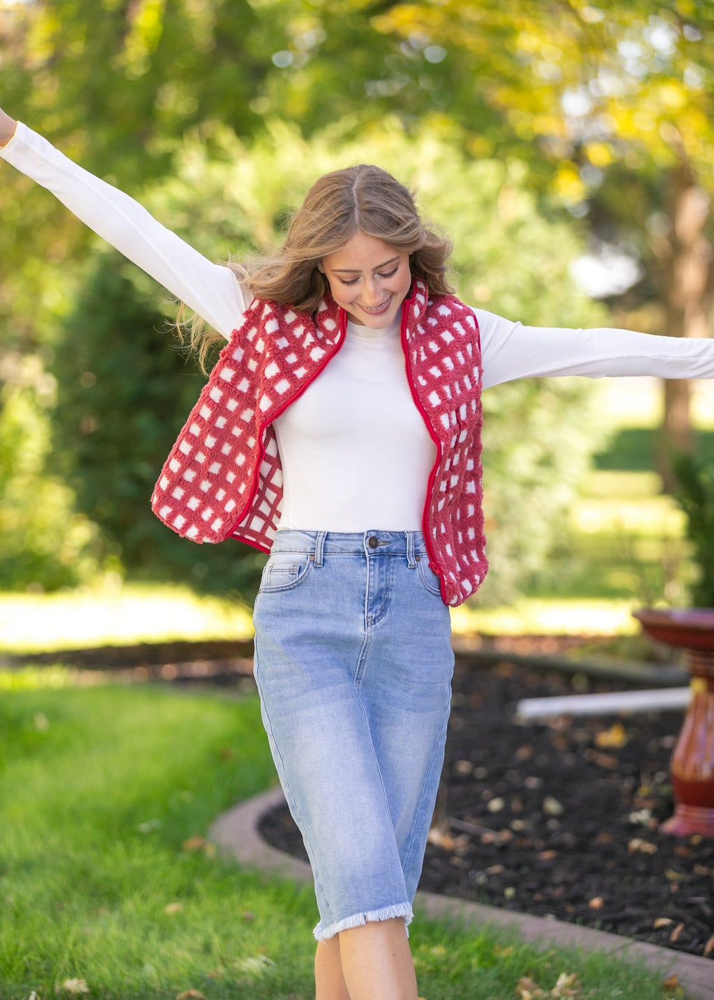Inherit Co. Drew Raw Hem Midi Denim Skirt — comparison shot