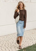 Inherit Co. Drew Raw Hem Midi Denim Skirt — main product shot
