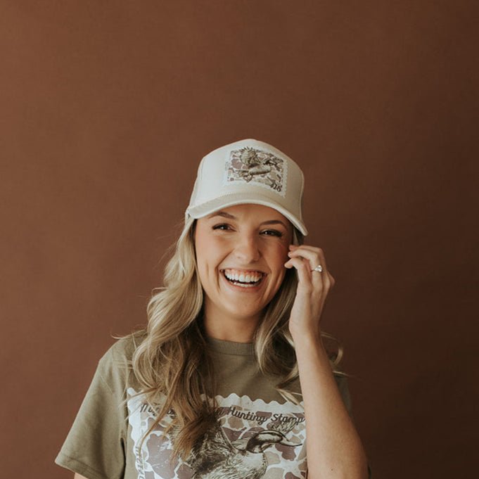 Wild Junkie Duck Stamp Trucker Hat — detail close-up