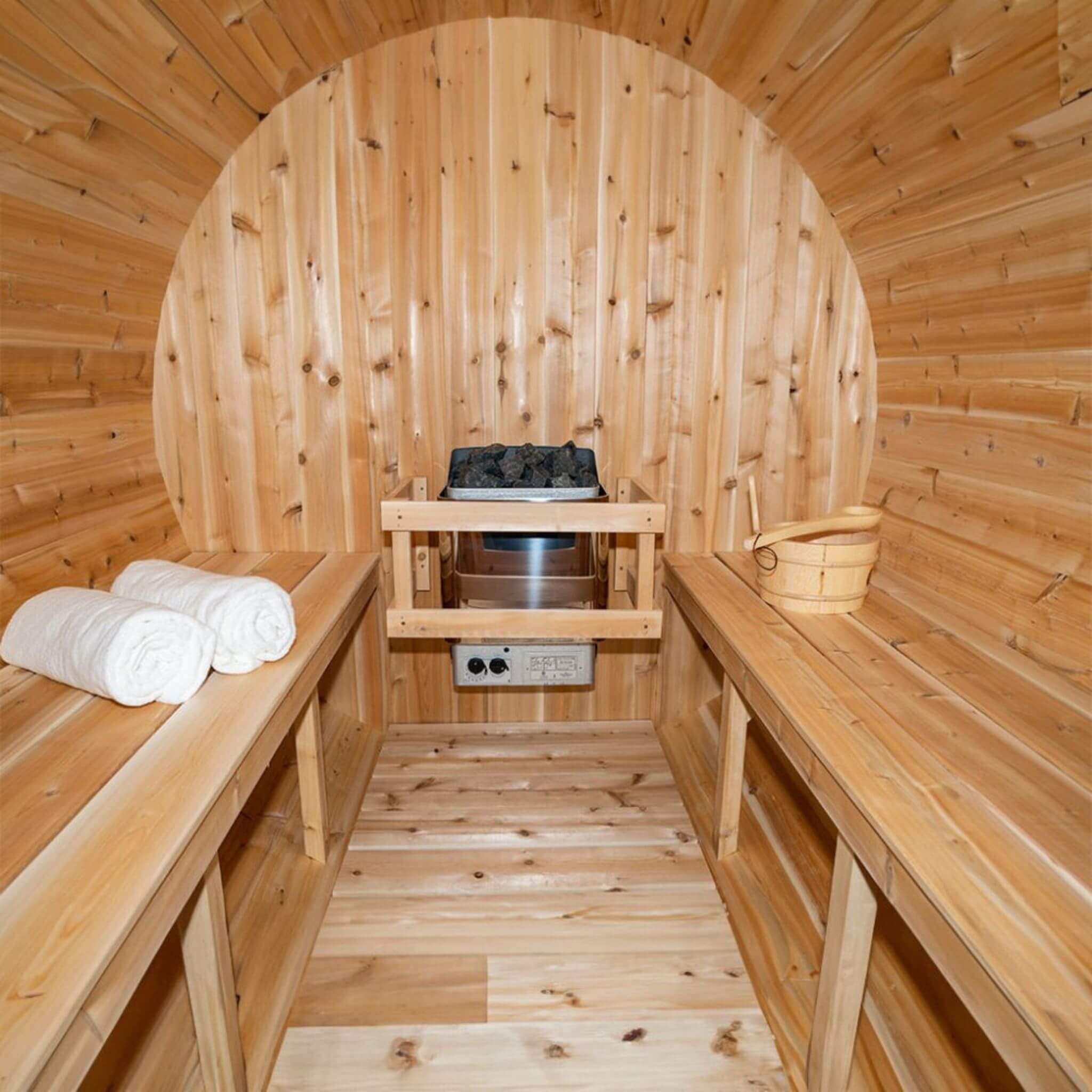 Dundalk Leisurecraft 4-Person Canadian Timber Serenity Barrel Sauna With Solid Wood Benches [CTC2245W] (SAK94862) – SAKSBY WH