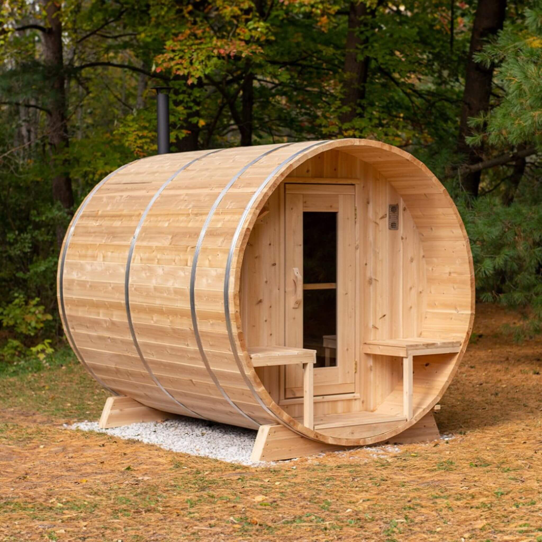 Dundalk Leisurecraft 4-Person Canadian Timber Serenity Barrel Sauna With Solid Wood Benches [CTC2245W] (SAK94862) – SAKSBY WH