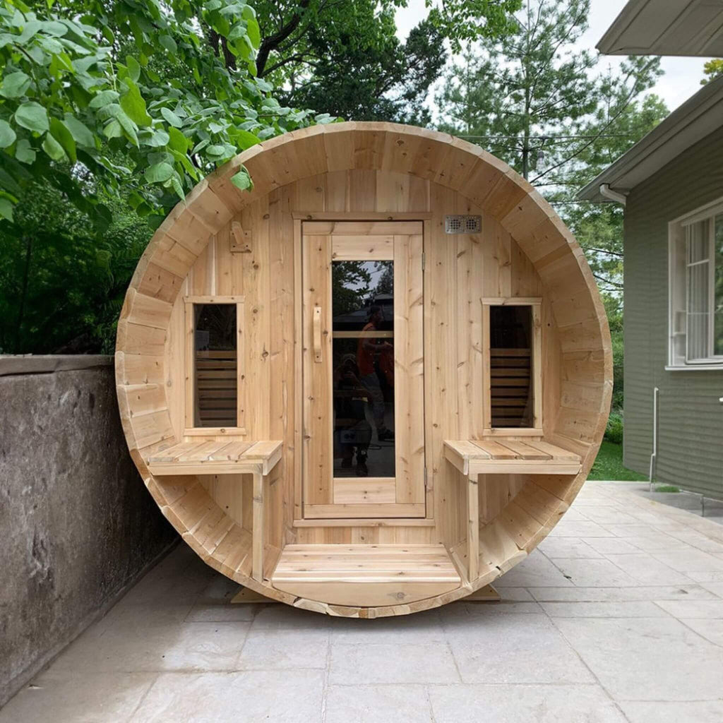 Dundalk Leisurecraft 6-Person Canadian Timber Tranquility Barrel Sauna With Front Porch [CTC2345W] (SAK96814) – SAKSBY WHOLES