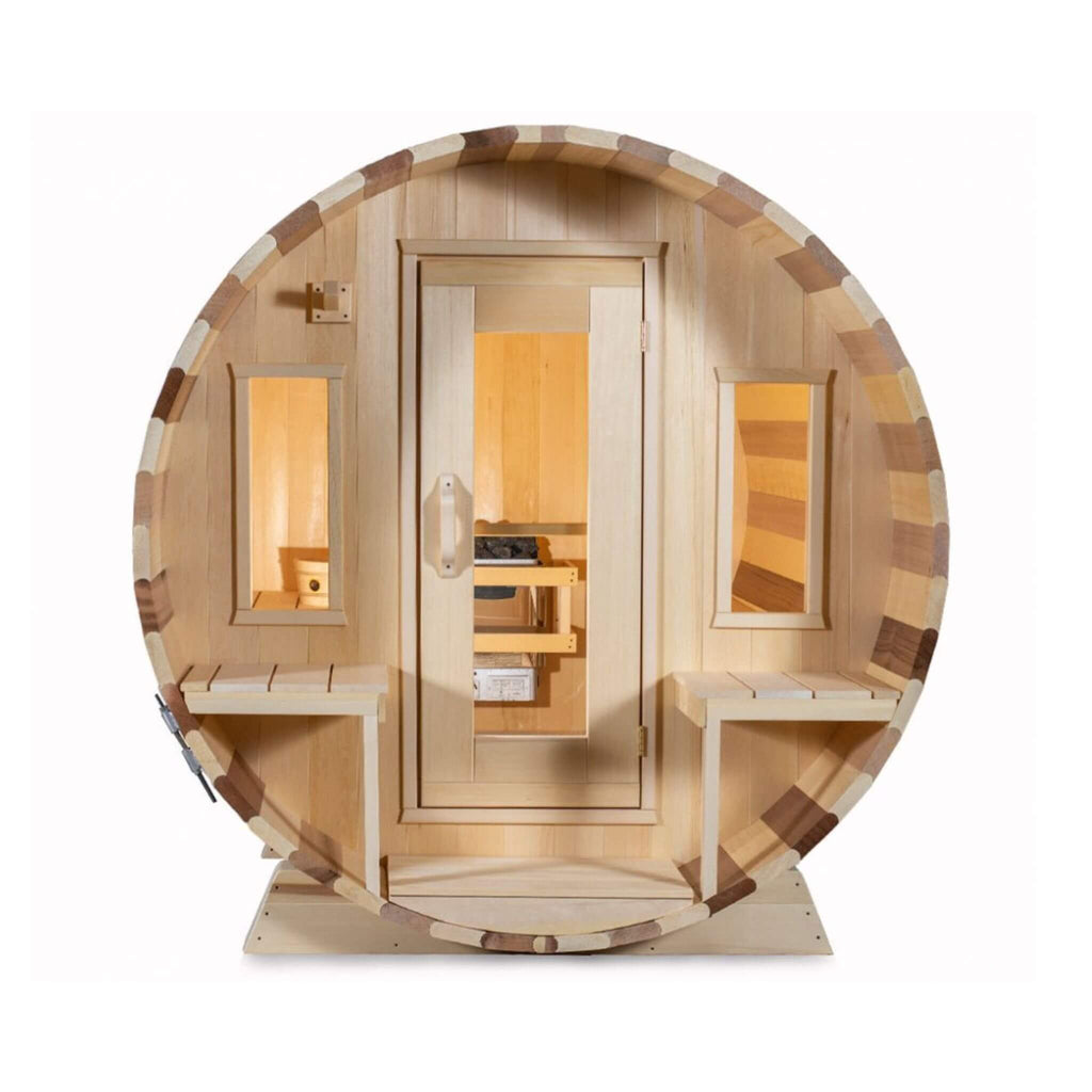 Dundalk Leisurecraft 6-Person Canadian Timber Tranquility Barrel Sauna With Front Porch [CTC2345W] (SAK96814) – SAKSBY WHOLES