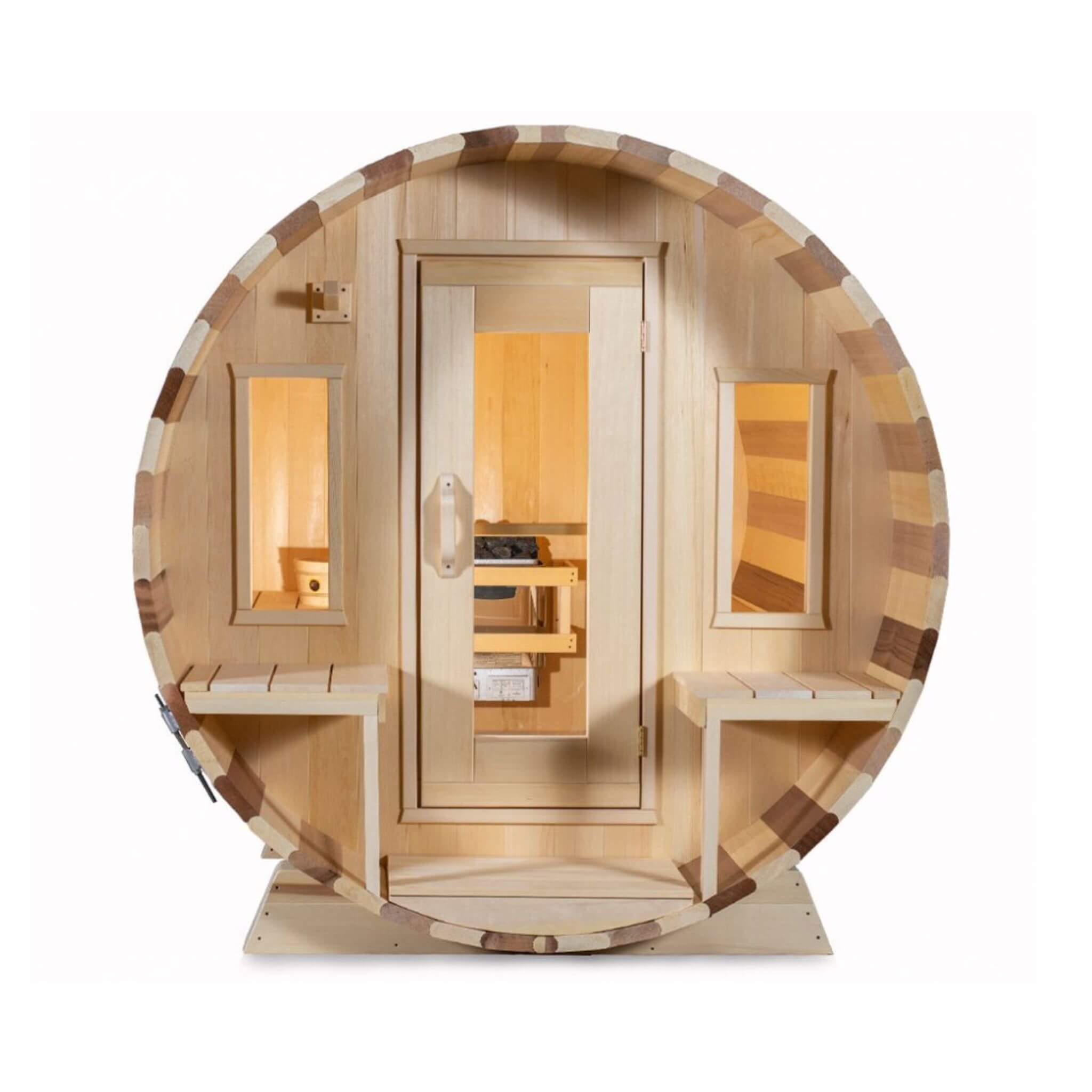 Dundalk Leisurecraft 6-Person Canadian Timber Tranquility Barrel Sauna With Front Porch [CTC2345W] (SAK96814) – SAKSBY WHOLES